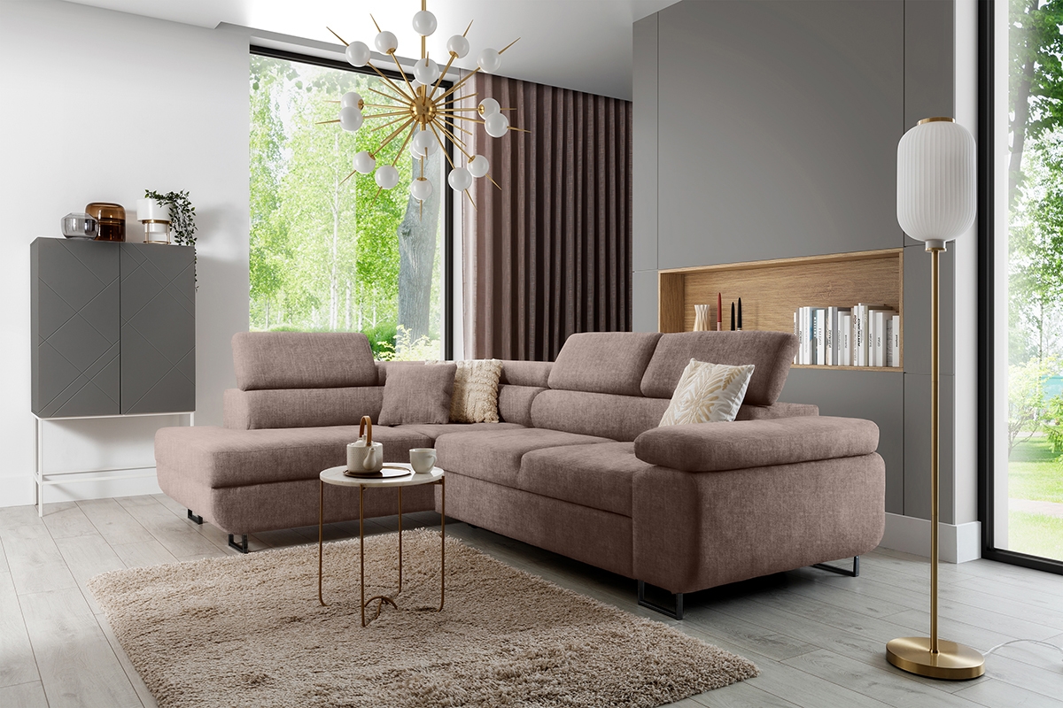 Rozkladacia rohová sedacia súprava Annabelle L ľavá - béžový velúr Vogue 4 / čierne nožičky Rohová sedacia súprava s funkciou spánku Annabelle L Ľavá strana - béžový velúr hydrofobowy Vogue 4 / nožičky čierny