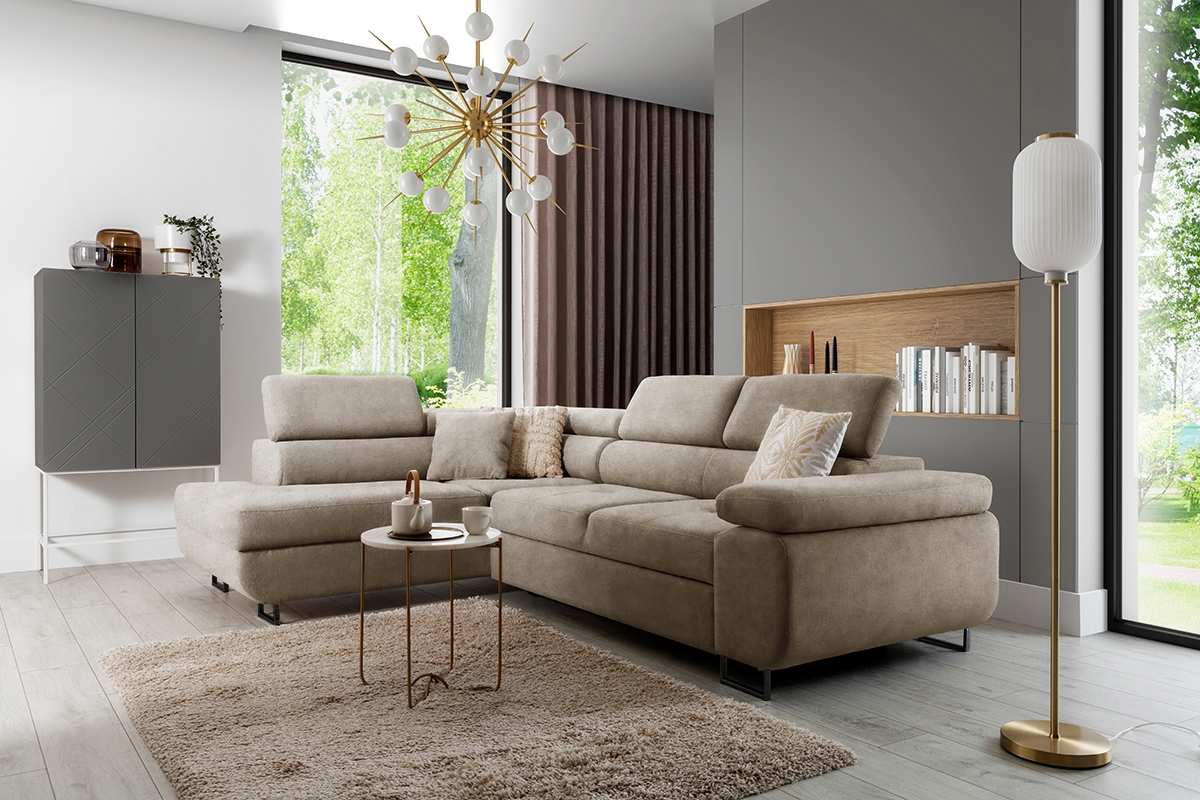 Rozkladacia rohová sedacia súprava Annabelle L ľavá - béžový velúr Zetta 291 / čierne nožičky Rohová sedacia súprava s funkciou spania Annabelle L Ľavá strana - béžový zamat hydrofobowy Zetta 291 / nožičky čierny