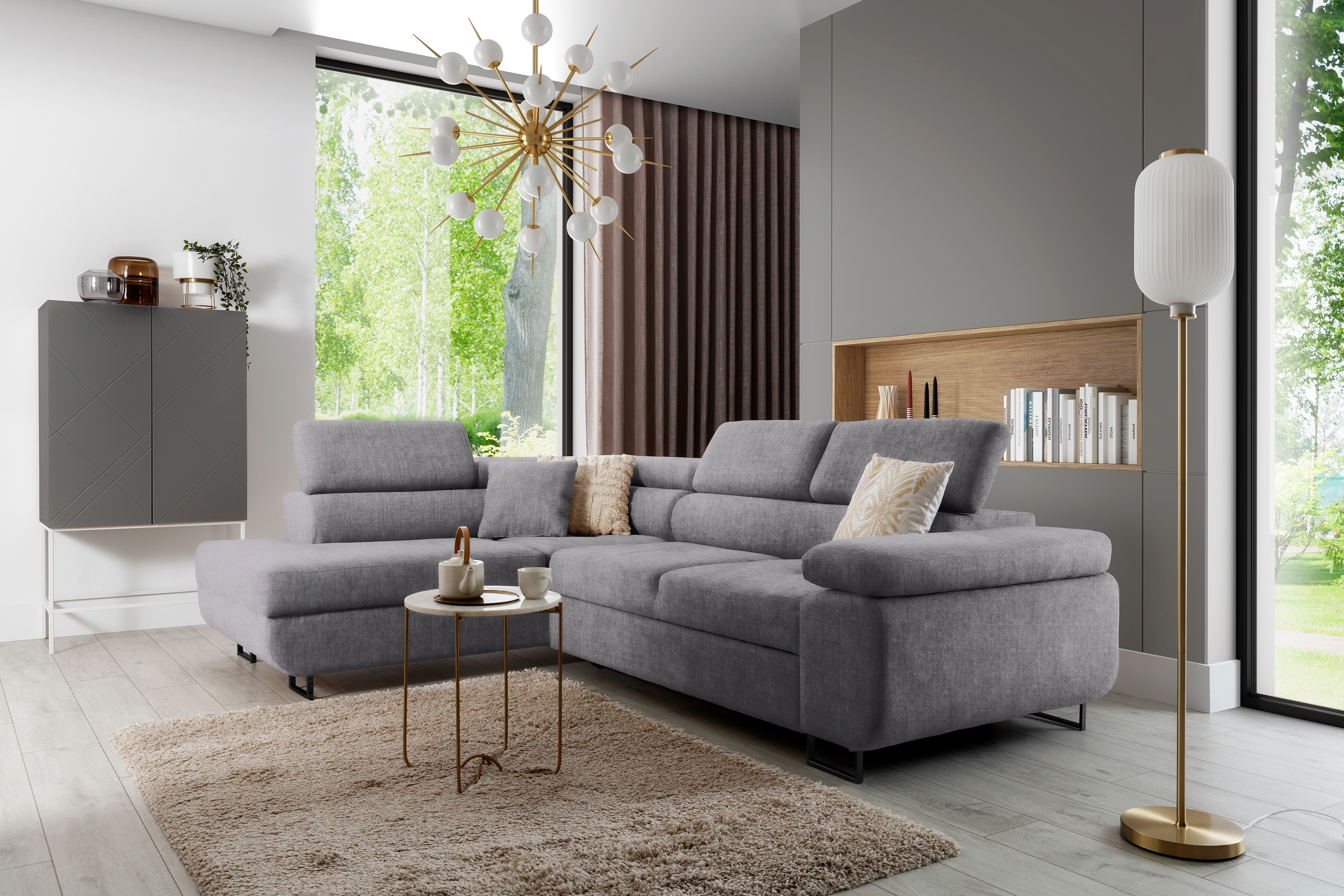 Rozkladacia rohová sedacia súprava Annabelle L ľavá - sivý velúr Vogue 14 / čierne nožičky Rohová sedacia súprava s funkciou spánku Annabelle L Ľavá strana - šedý velúr Vogue 14 / nožičky čierny