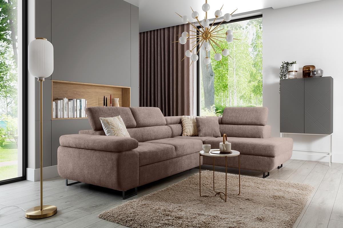 Rozkladacia rohová sedacia súprava Annabelle L pravá - béžový velúr Vogue 4 / čierne nožičky Rohová sedacia súprava s funkciou spania Annabelle L pravá strana - béžový zamat hydrofobowy Vogue 4 / nožičky čierny