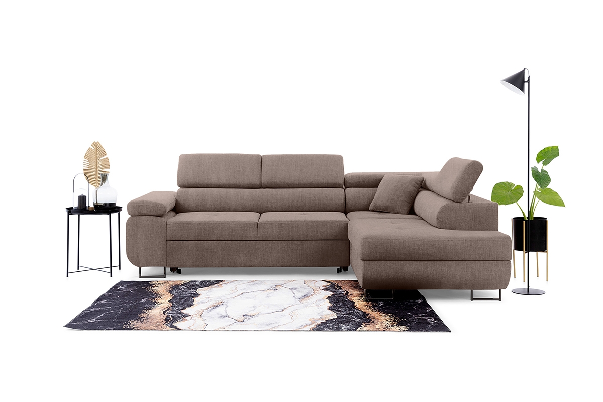 Rozkladacia rohová sedacia súprava Annabelle L pravá - béžový velúr Vogue 4 / čierne nožičky Rohová sedacia súprava s funkciou spania Annabelle L pravá strana - béžový zamat hydrofobowy Vogue 4 / nožičky čierny