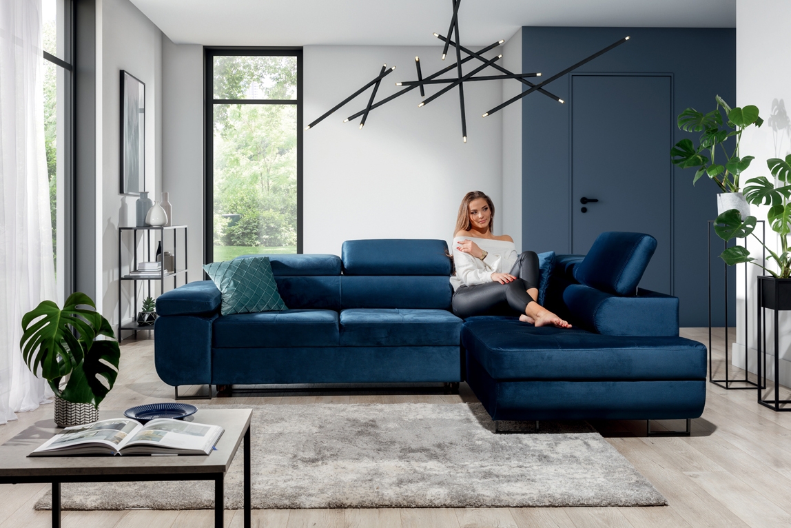 Rozkladacia rohová sedacia súprava Annabelle L pravá - tmavomodrý zamat Monolith 77 / čierne nožičky Rohová sedacia súprava s funkciou spania Annabelle L pravá strana - granátová zamat hydrofobowy Monolith 77 / nožičky čierny