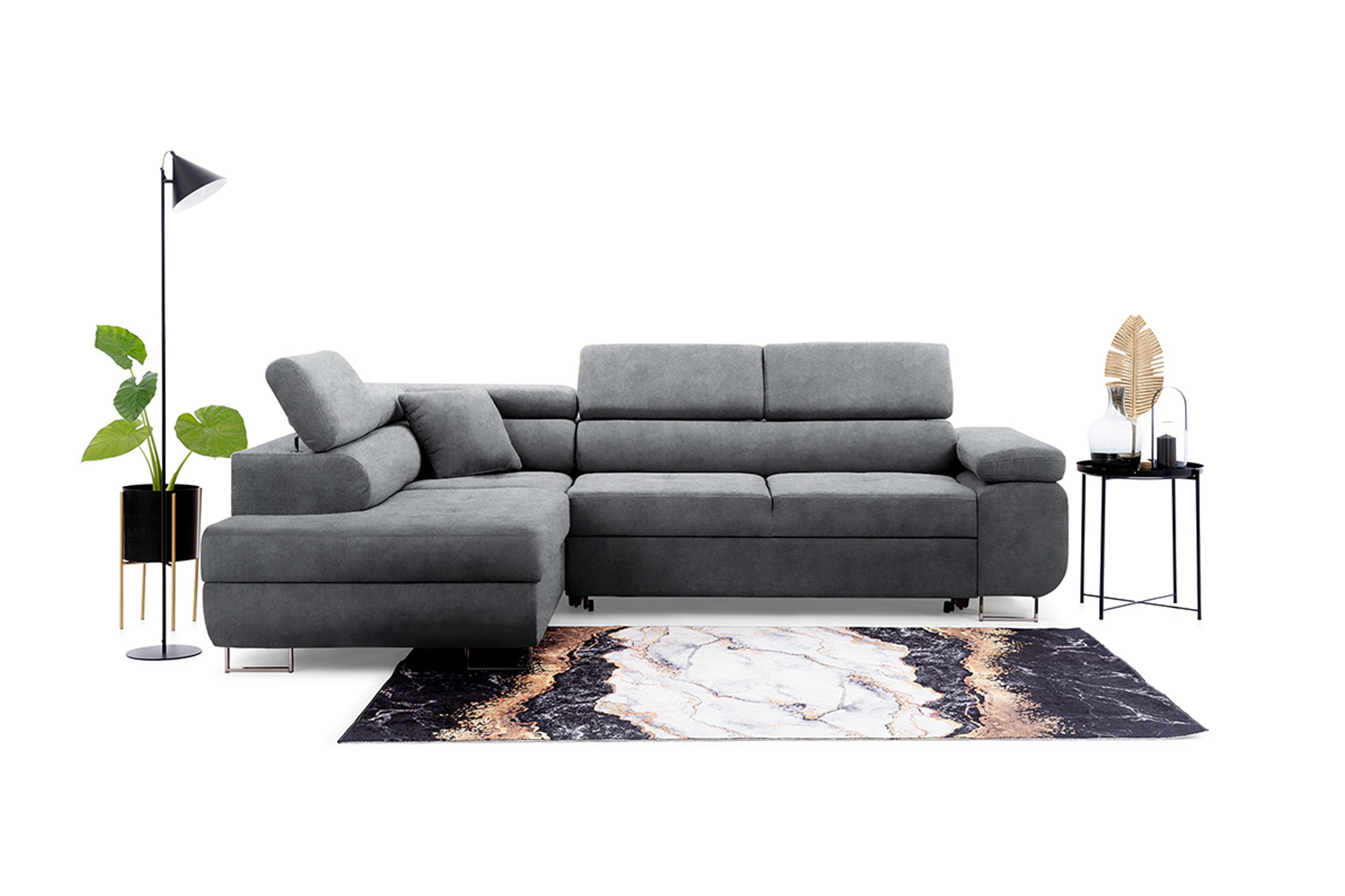 Rozkladacia rohová sedacia súprava Annabelle L ľavá - šedý zamat Zetta 304 / chrómové nožičky Rohová sedacia súprava s funkciou spania Annabelle Ľavá strana - Grafitový zamat hydrofobowy Zetta 304