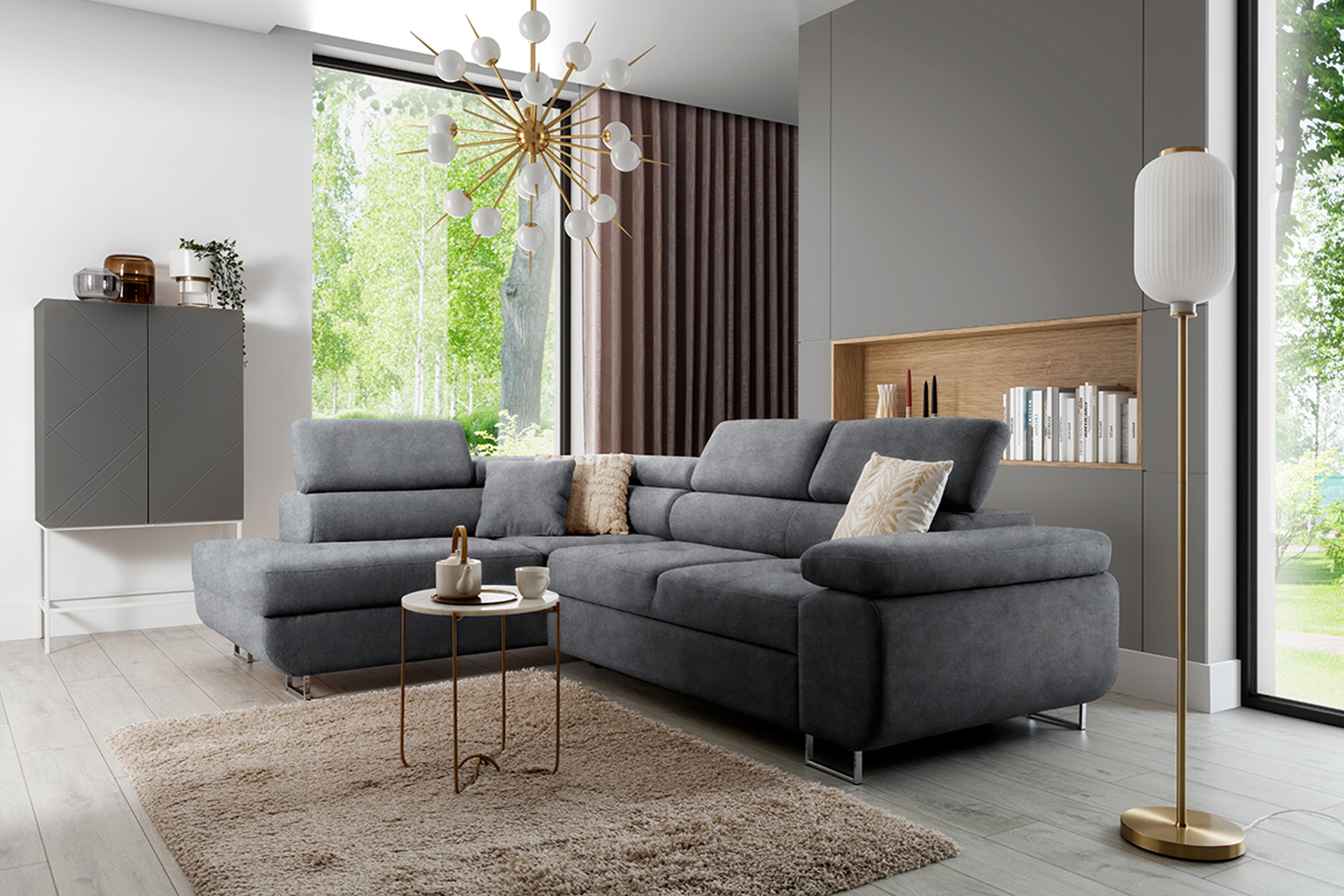 Rozkladacia rohová sedacia súprava Annabelle L ľavá - šedý zamat Zetta 304 / chrómové nožičky Rohová sedacia súprava s funkciou spania Annabelle Ľavá strana - Grafitový zamat hydrofobowy Zetta 304