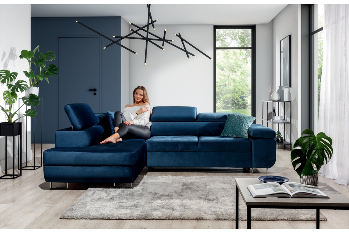 Rozkladacia rohová sedacia súprava Annabelle L ľavá - tmavomodrý Monolith 77 / chrómové nožičky  Rohová sedacia súprava Annabelle Aranzacja