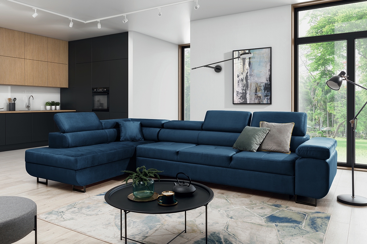 Rozkladacia rohová sedacia súprava Annabelle Maxi ľavá - tmavomodrý zamat Monolith 77 / čierne nožičky Rohová sedacia súprava s funkciou spania Annabelle Maxi Ľavá strana - granátová zamat hydrofobowy Monolith 77 / nožičky čierny