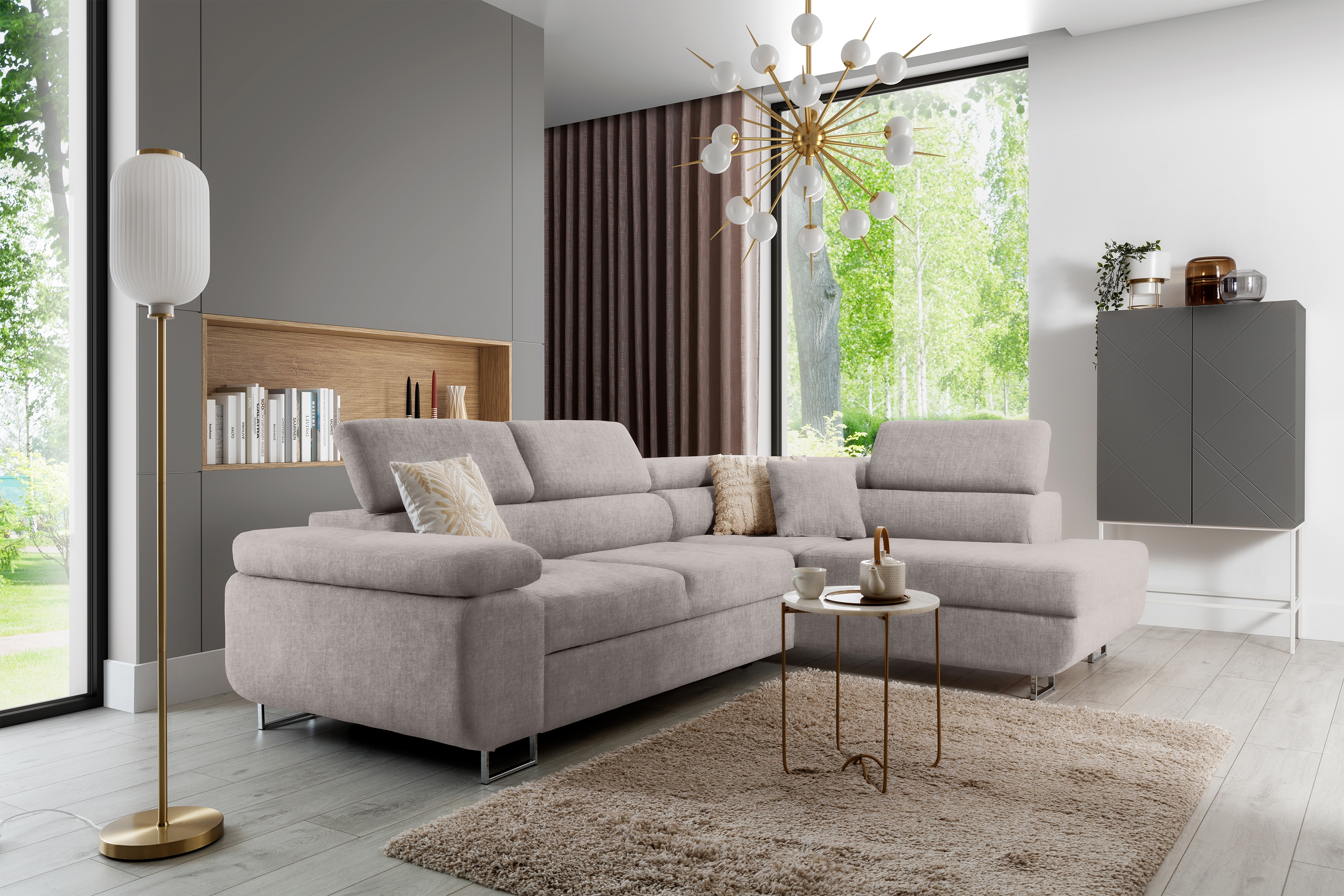 Rozkladacia rohová sedacia súprava Annabelle L pravá - béžový ľahkočistiaci velúr Maya 01 / chrómové nožičky Rohová sedacia súprava Annabelle do obývacej izby