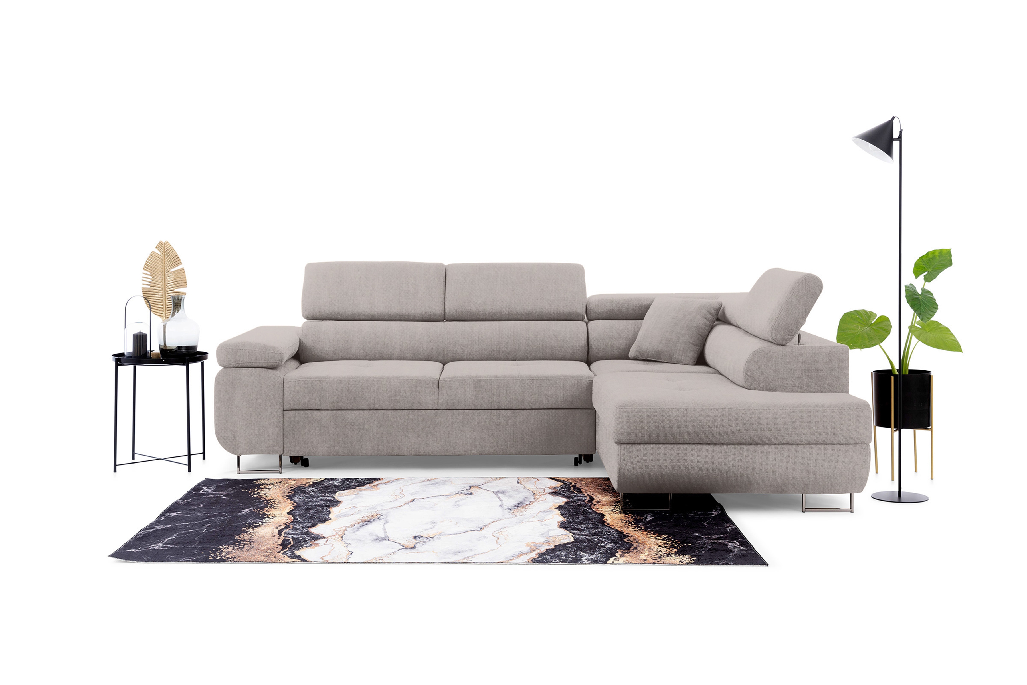 Rozkladacia rohová sedacia súprava Annabelle L pravá - béžový ľahkočistiaci velúr Maya 01 / chrómové nožičky Rohová sedacia súprava Annabelle