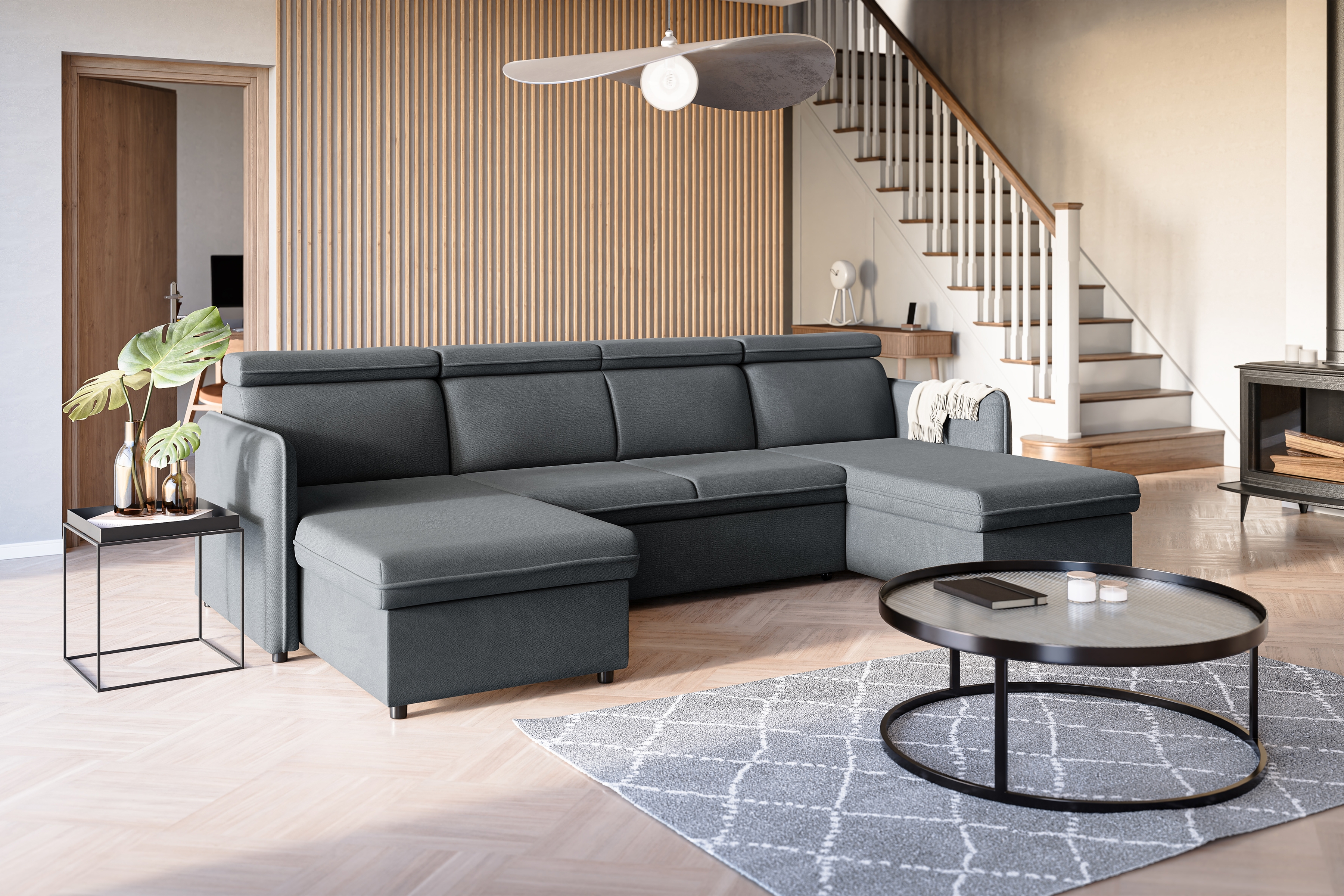 Rozkládací rohová sedací souprava Barcelia U - šedá látka Asti 19 Rohová sedací souprava s funkcí spaní Barcelia U - šedá potahová látka Asti 19