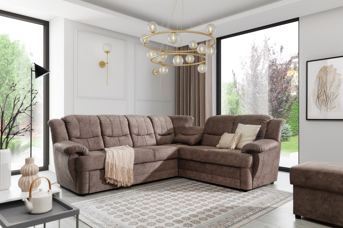 Rozkladacia rohová sedacia súprava Belluno L pravá - hnedá látka Forever 63 Hnedý Rohová sedacia súprava z wysokim oparciem 