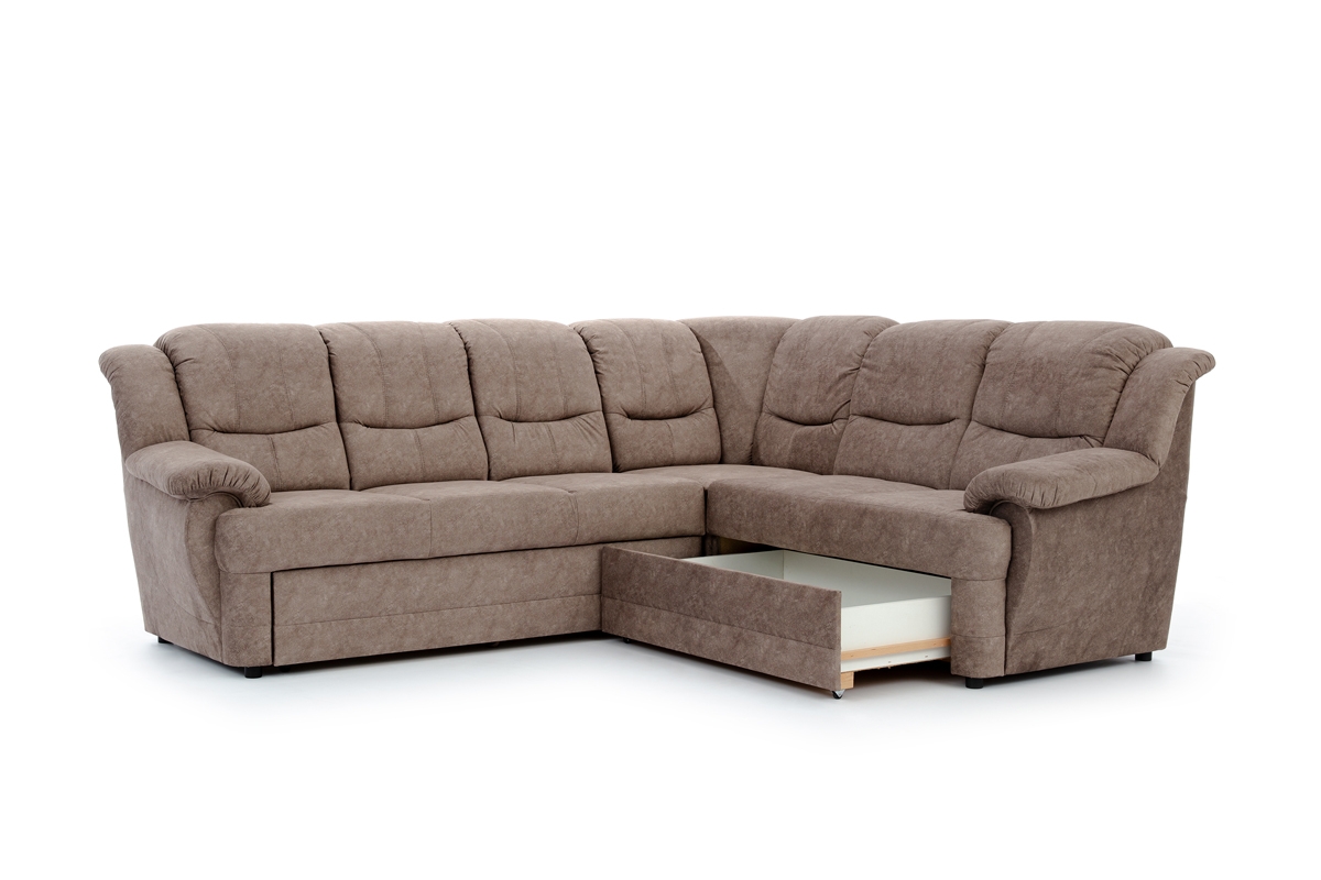 Rozkladacia rohová sedacia súprava Belluno L pravá - hnedá látka Forever 63 Hnedý Rohová sedacia súprava L z wysuwana szuflada na posciel 