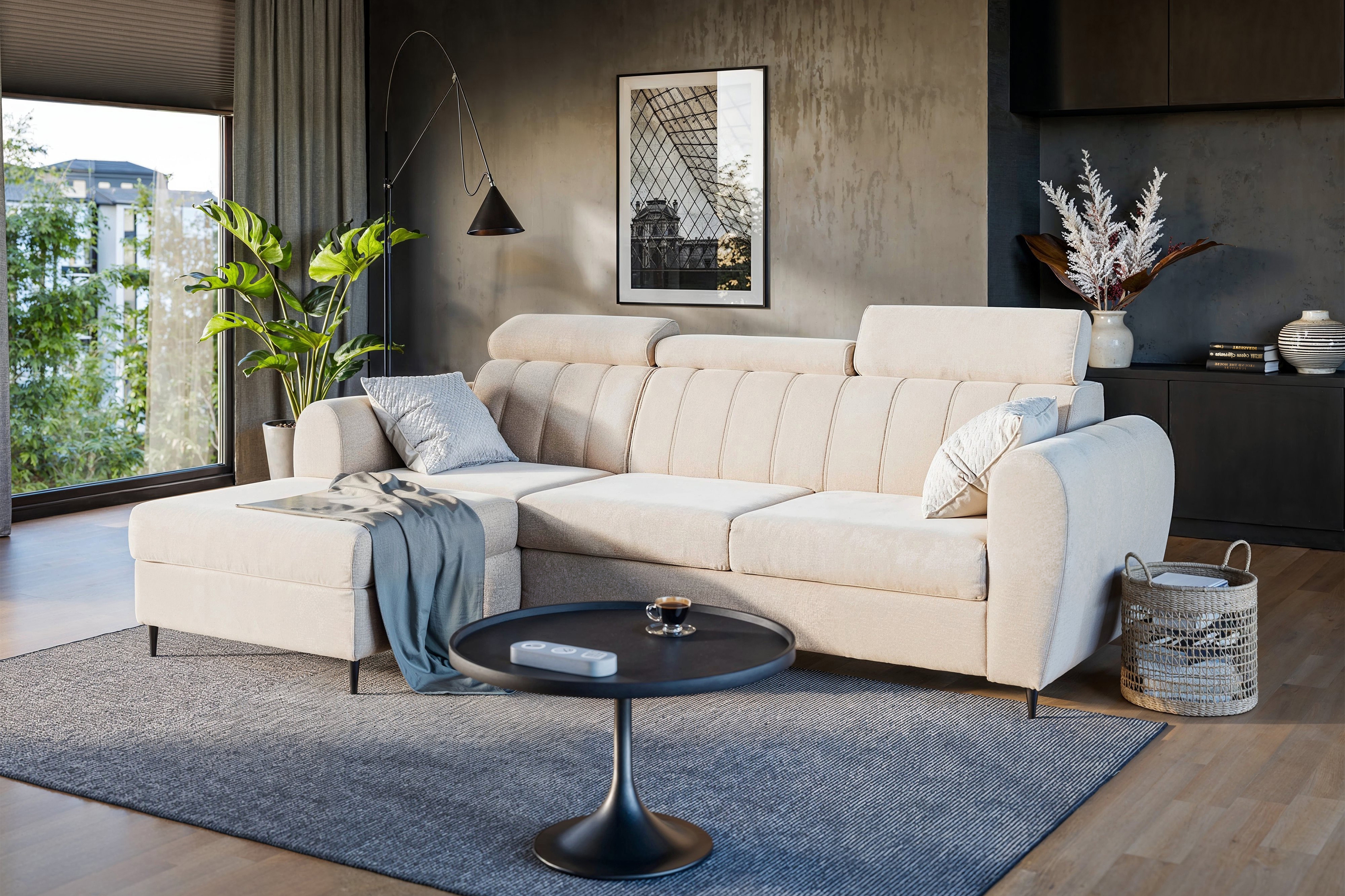 Rozkladacia rohová sedacia súprava Celias Mini ľavá - béžový zamat Paros 2 Rohová sedacia súprava s funkciou spania Celias Mini Ľavá strana - béžový zamat Paros 2