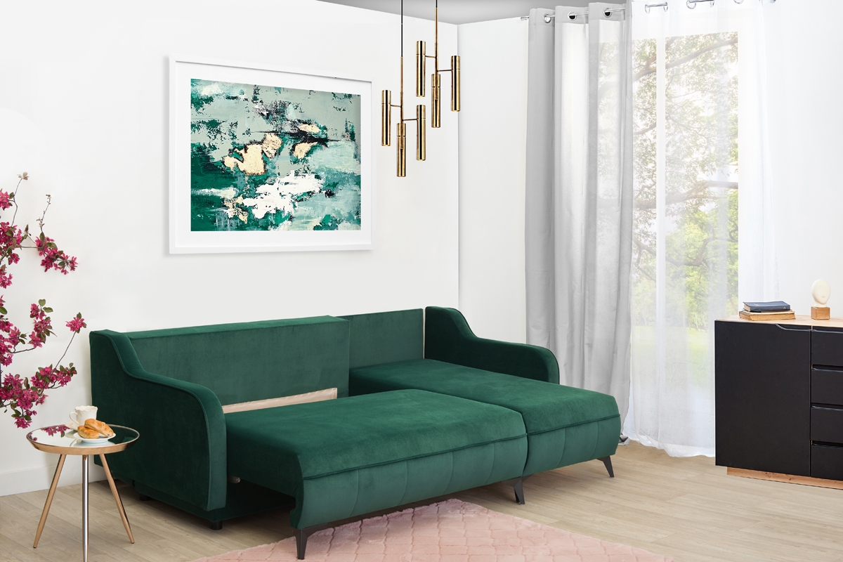 Rohová sedací souprava rozkládací Drago Zelená Rohová sedací souprava do obývacího pokoje s úložným dostorem na ložní prádlo