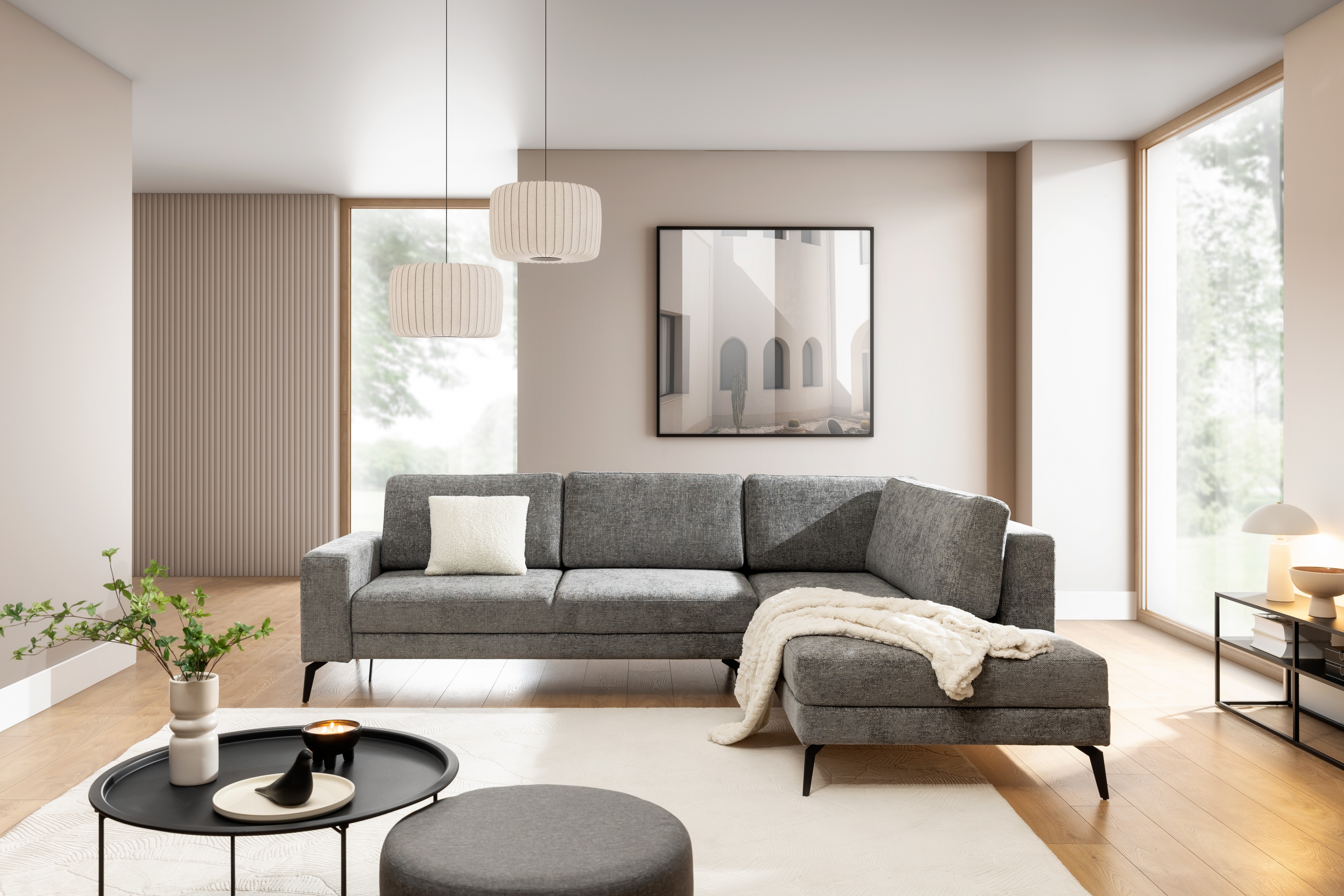 Rozkladacia rohová sedacia súprava Elentio L pravá - šedá pletenina Magni 206.13 Rohová sedacia súprava s funkciou spania Elentio L Pravý - šedá plecionka Magni 206.13