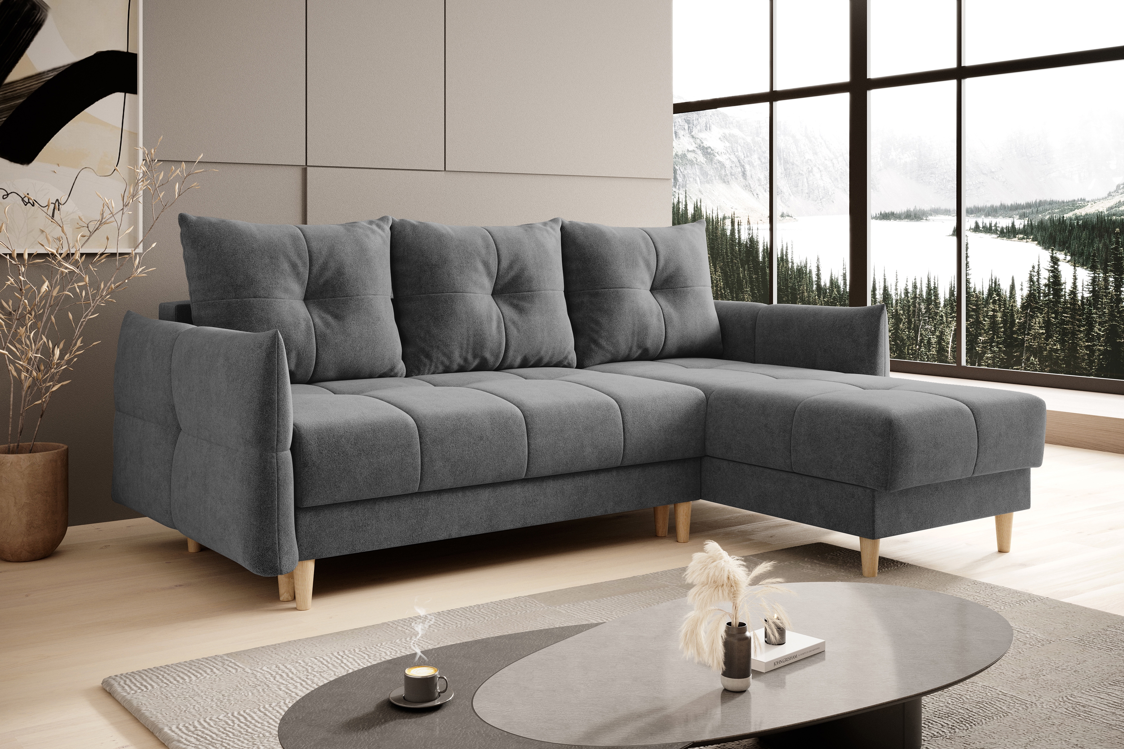 Rozkládací rohová sedací souprava Fitelia pravá - šedá Zetta 305 Rohová sedací souprava rozkládací Fitelia pravá - šedá samet Zetta 305 / Nohy buk 