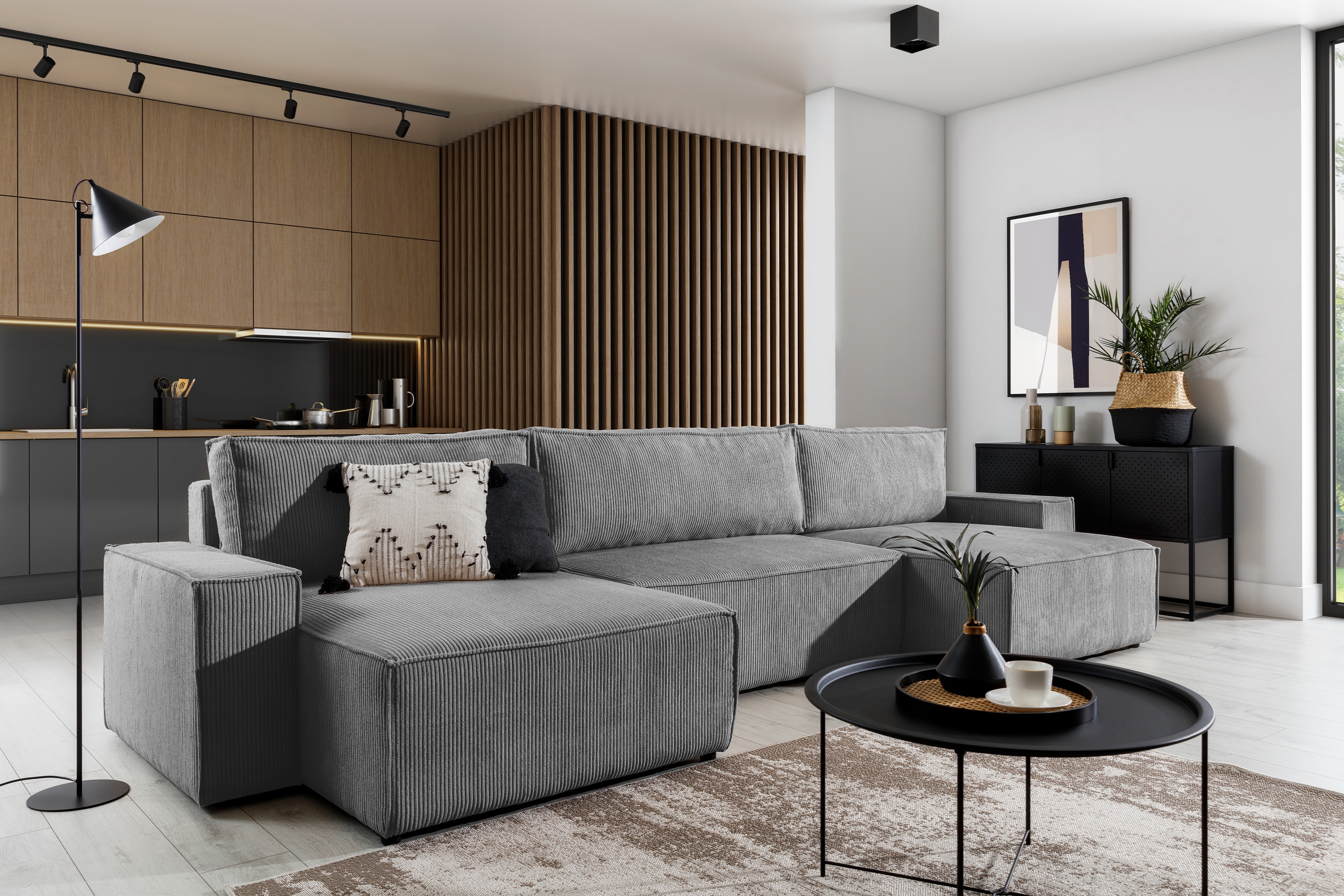 Rozkladacia rohová sedacia súprava Flabio U II - šedý menčester Lincoln 90 Rohová sedacia súprava s funkciou spania Flabio U II - šedý MENČESTER ľahkočistiaci Anafi 2 