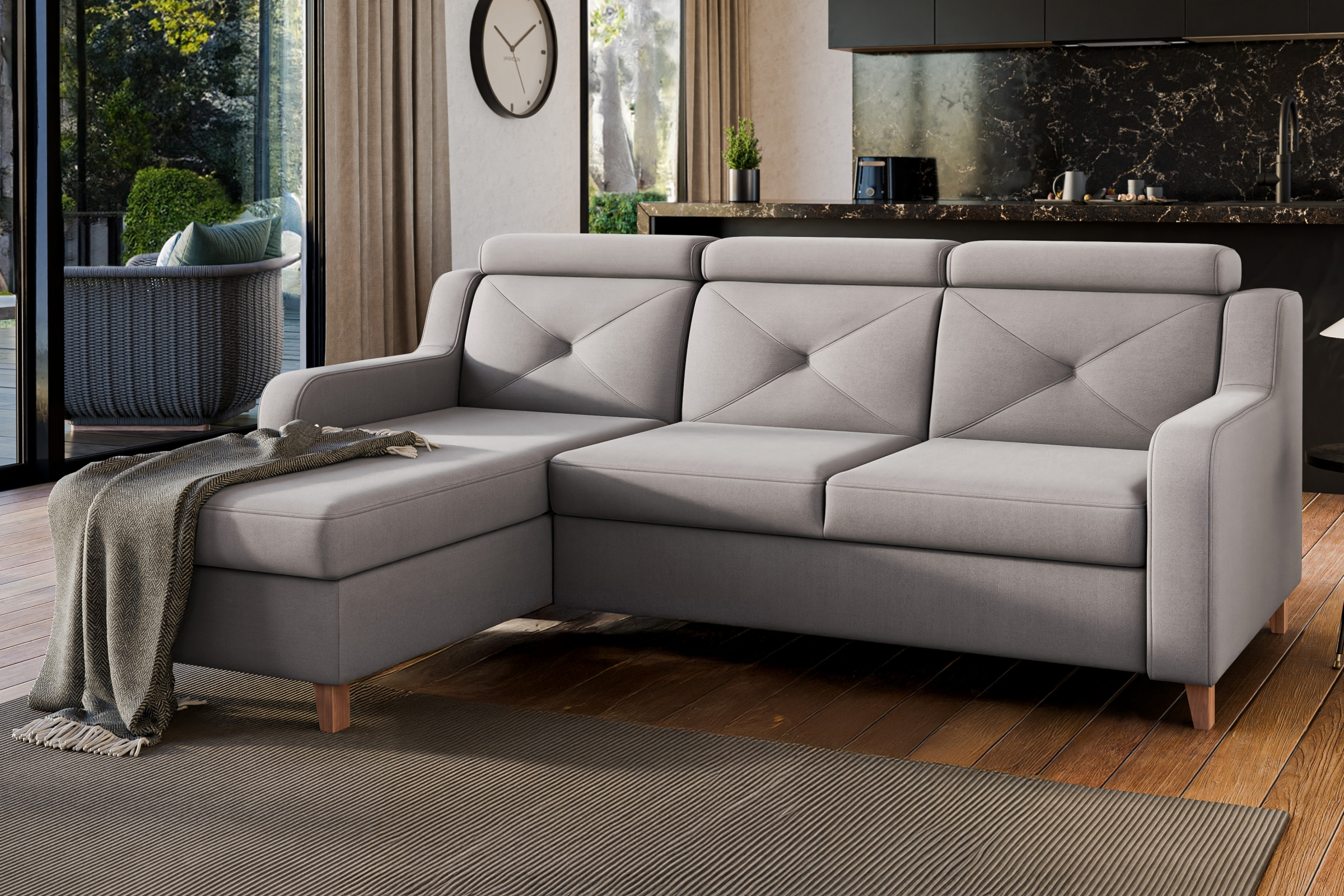 Rozkládací rohová sedací souprava Laksaro levá - tmavě béžová samet Jasmine 25 Rohová sedací souprava rozkládací Laksaro levá - jasno hnědá samet Jasmine 25