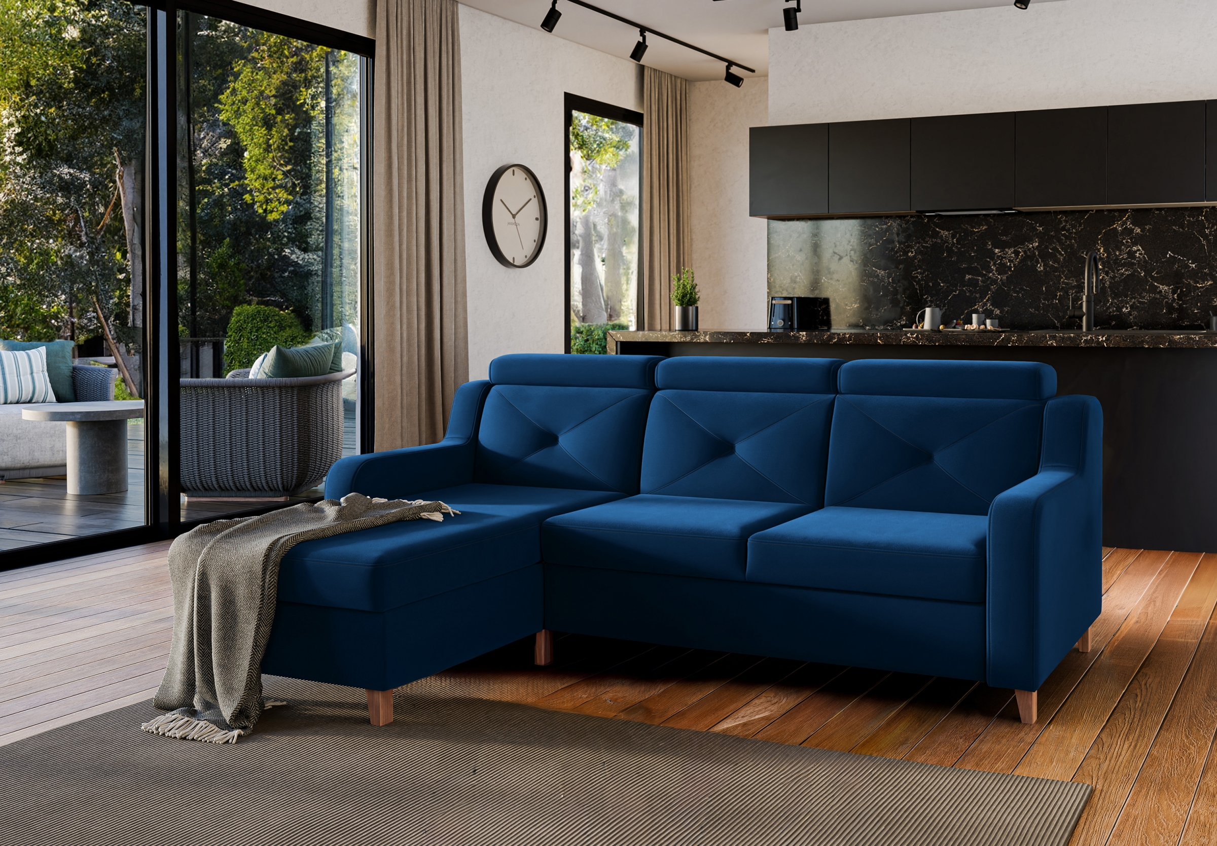 Rozkladacia rohová sedacia súprava Laksaro ľavá - modrý zamat Trinity 31 Rohová sedacia súprava s funkciou spánku Laksaro Ľavá strana - Modrý velúr Trinity 31