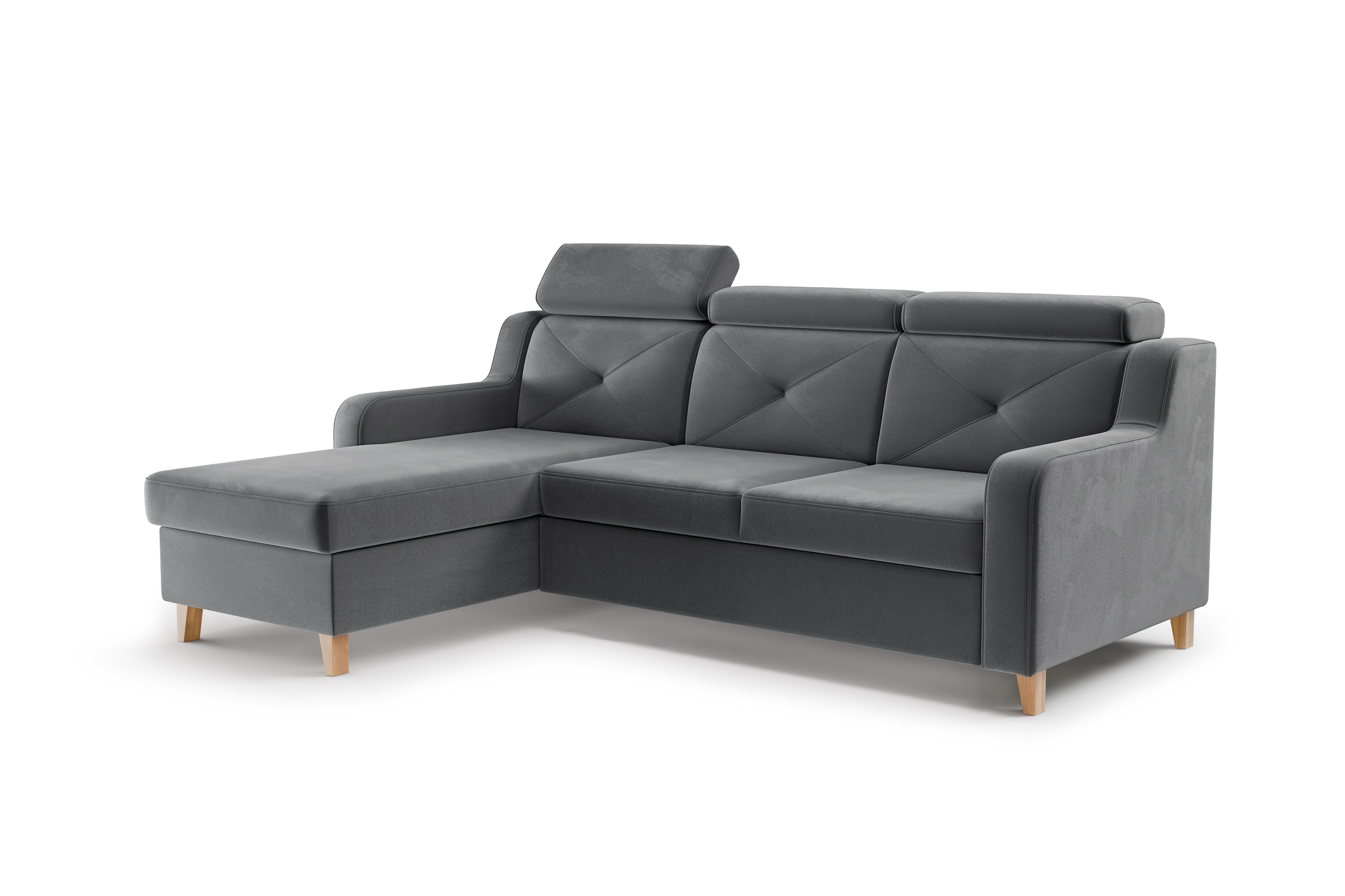 Rozkládací rohová sedací souprava Laksaro levá - šedá látka Jasmine 96 Rohová sedací souprava rozkládací Laksaro levá - šedá samet Jasmine 96