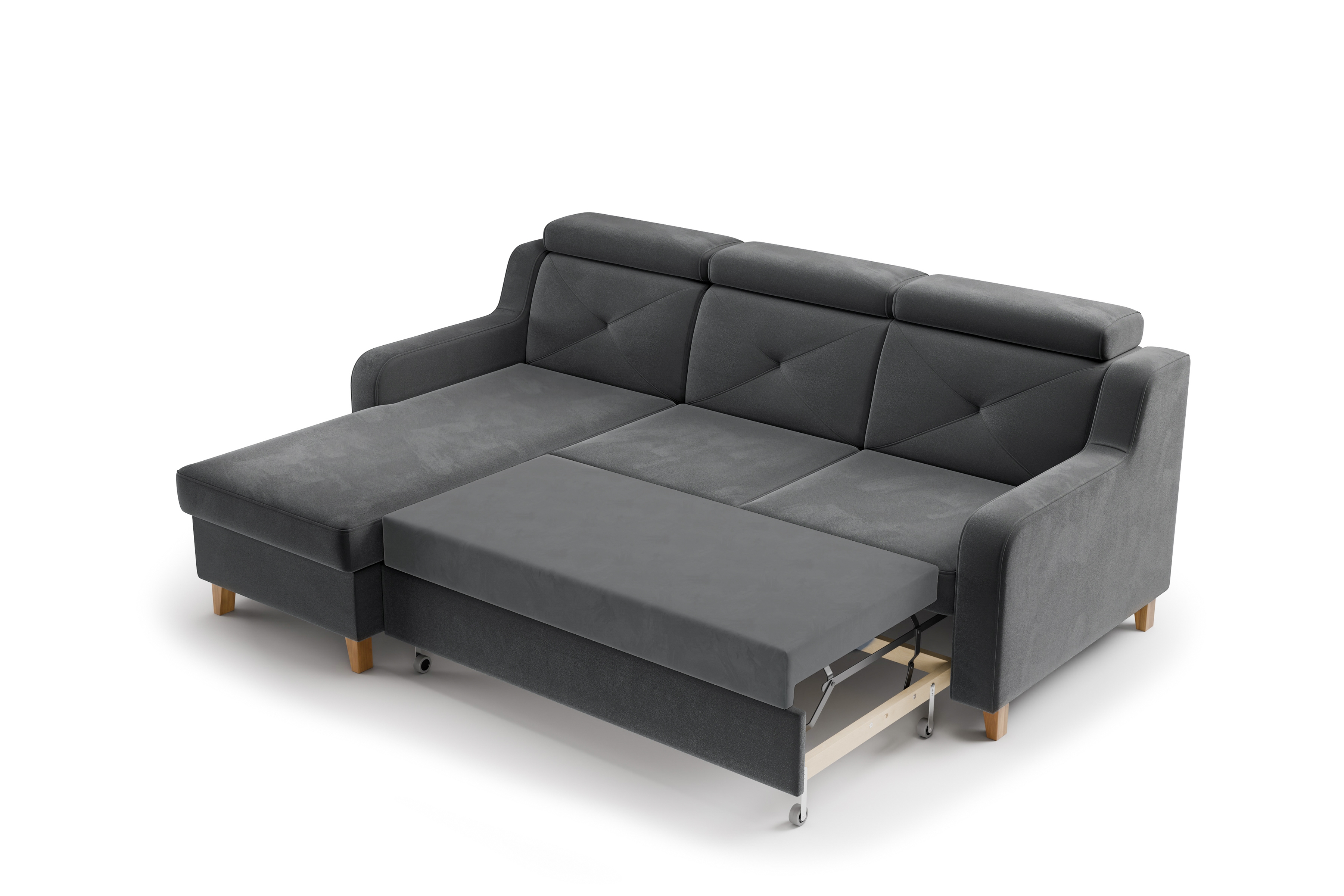 Rozkládací rohová sedací souprava Laksaro levá - šedá látka Jasmine 96 Rohová sedací souprava rozkládací Laksaro levá - šedá samet Jasmine 96