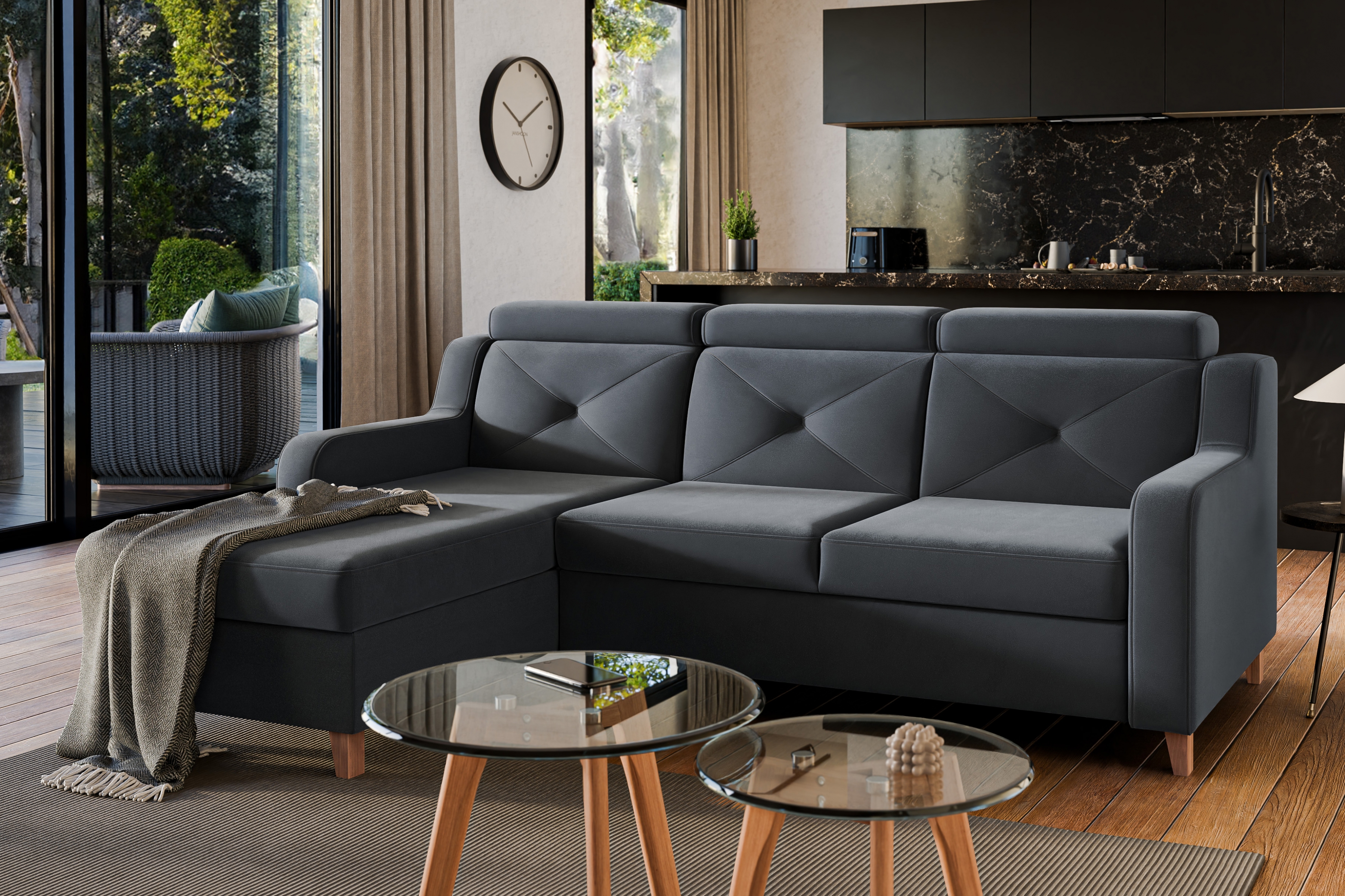 Rozkládací rohová sedací souprava Laksaro levá - šedá látka Jasmine 96 Rohová sedací souprava rozkládací Laksaro levá - šedá samet Trinity 15