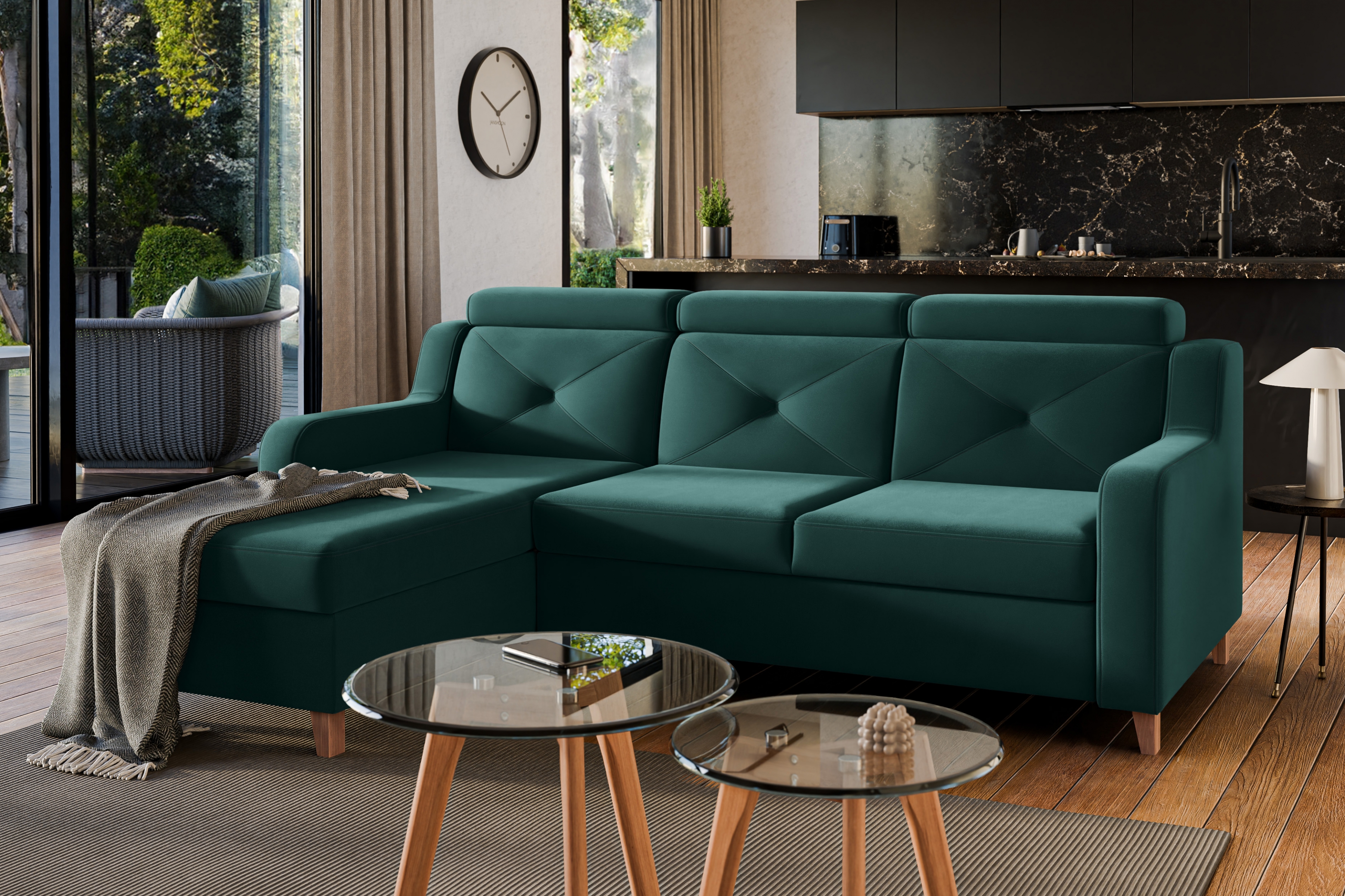 Rozkládací rohová sedací souprava Laksaro levá - zelená látka Trinity 28 Rohová sedací souprava rozkládací Laksaro levá - zelená samet Trinity 28