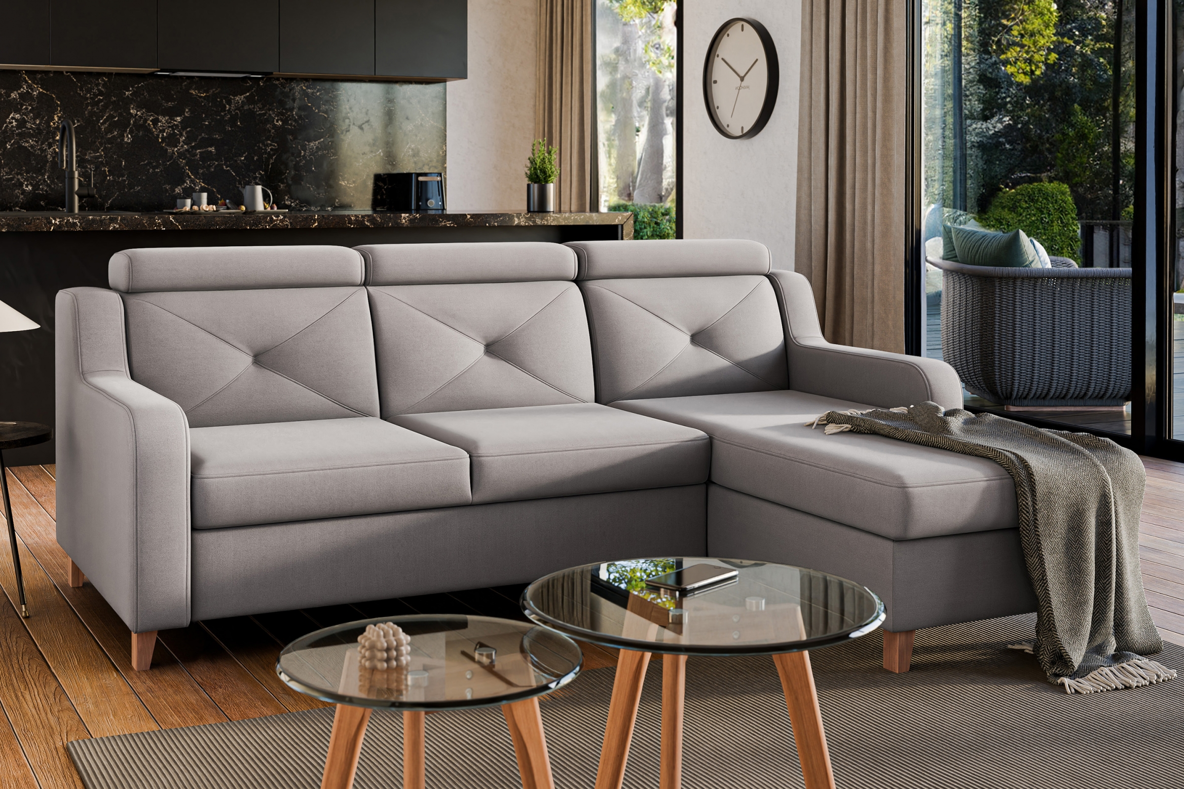 Rozkládací rohová sedací souprava Laksaro pravá - tmavě béžová samet Jasmine 25 Rohová sedací souprava rozkládací Laksaro pravá - ciemno béžová samet Jasmine 25