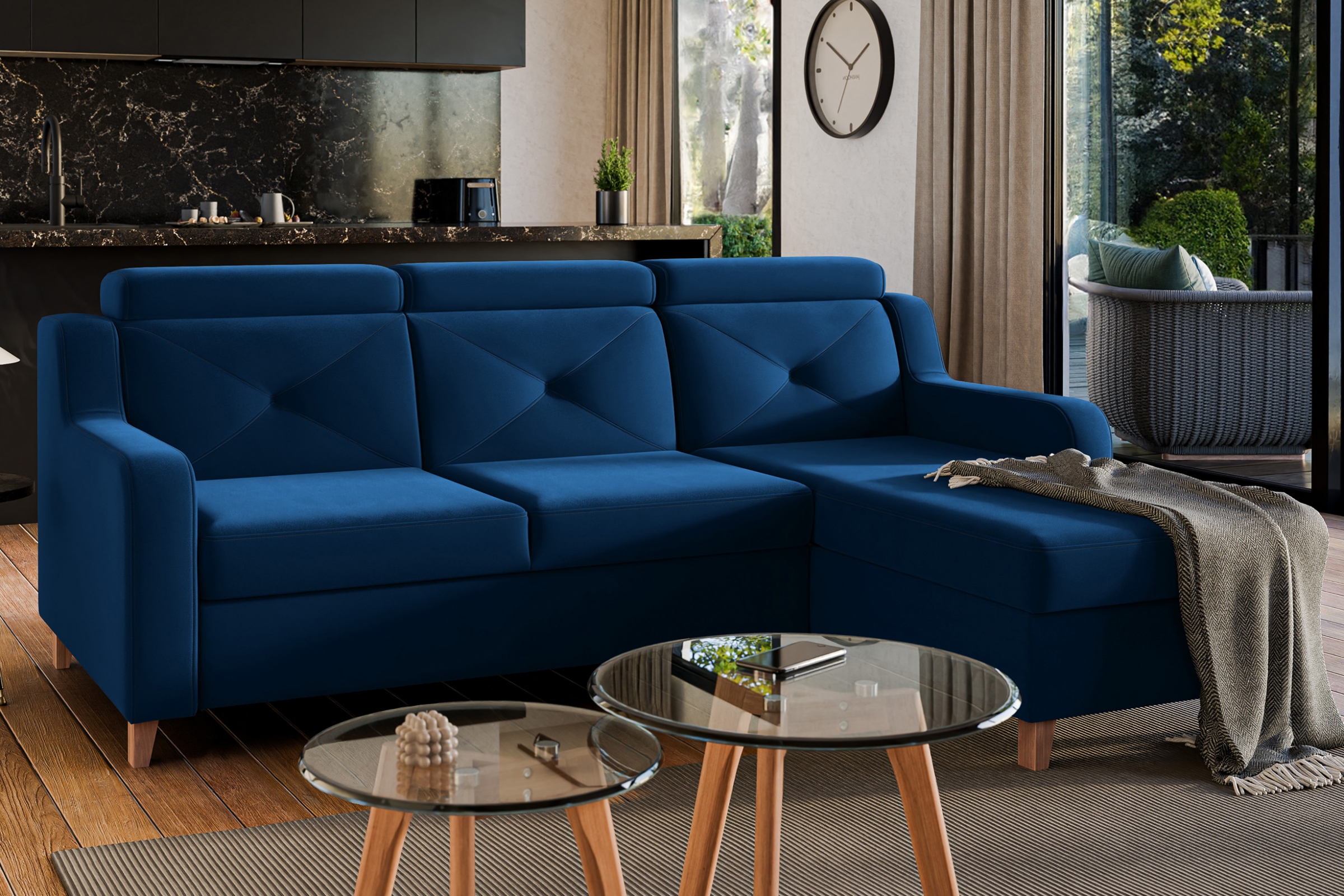 Rozkladacia rohová sedacia súprava Laksaro pravá - modrý zamat Trinity 31 Rohová sedacia súprava s funkciou spánku Laksaro pravá strana - Modrý velúr Trinity 31