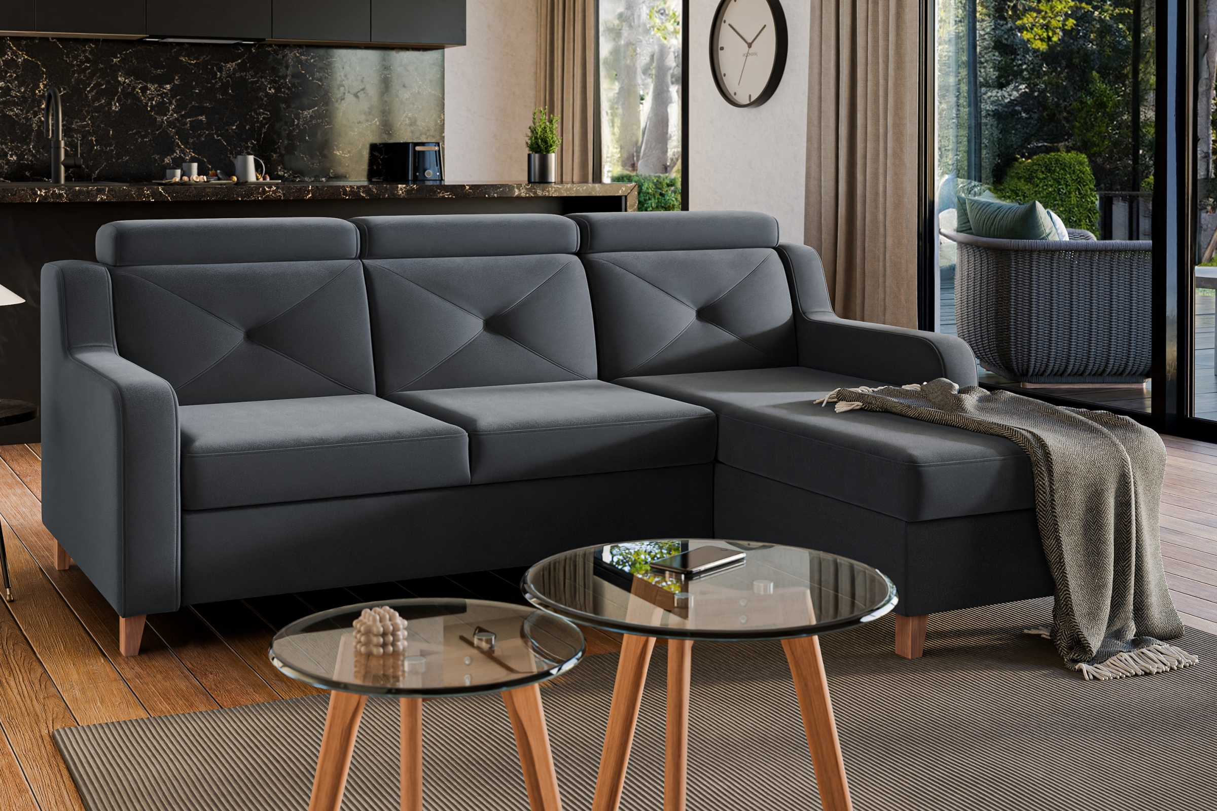 Rozkládací rohová sedací souprava Laksaro pravá - šedá látka Jasmine 96 Rohová sedací souprava rozkládací Laksaro pravá - šedá samet Trinity 15