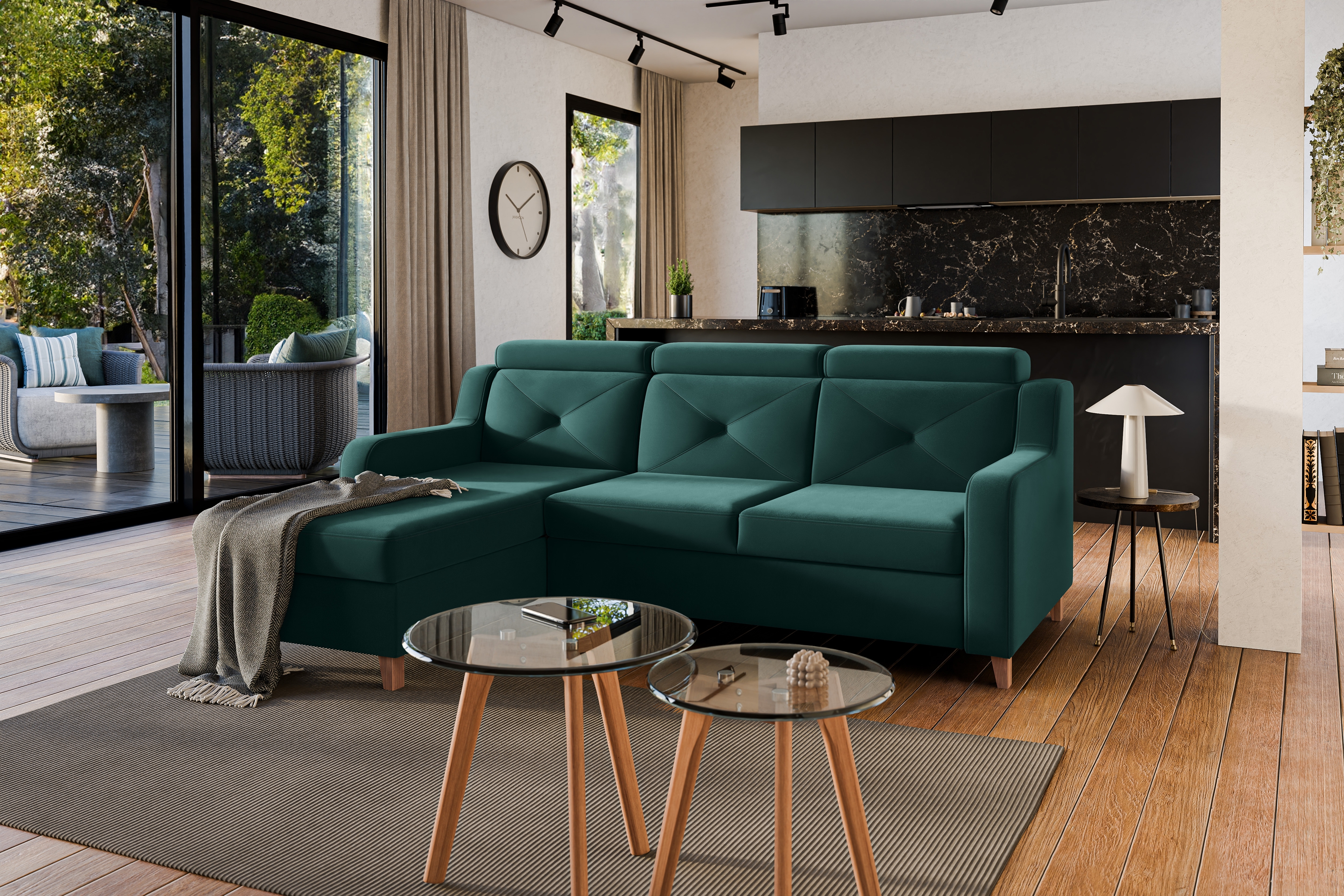 Rozkladacia rohová sedacia súprava Laksaro pravá - zelený zamat Trinity 28 Rohová sedacia súprava s funkciou spánku Laksaro pravá strana - Zelený velúr Trinity 28