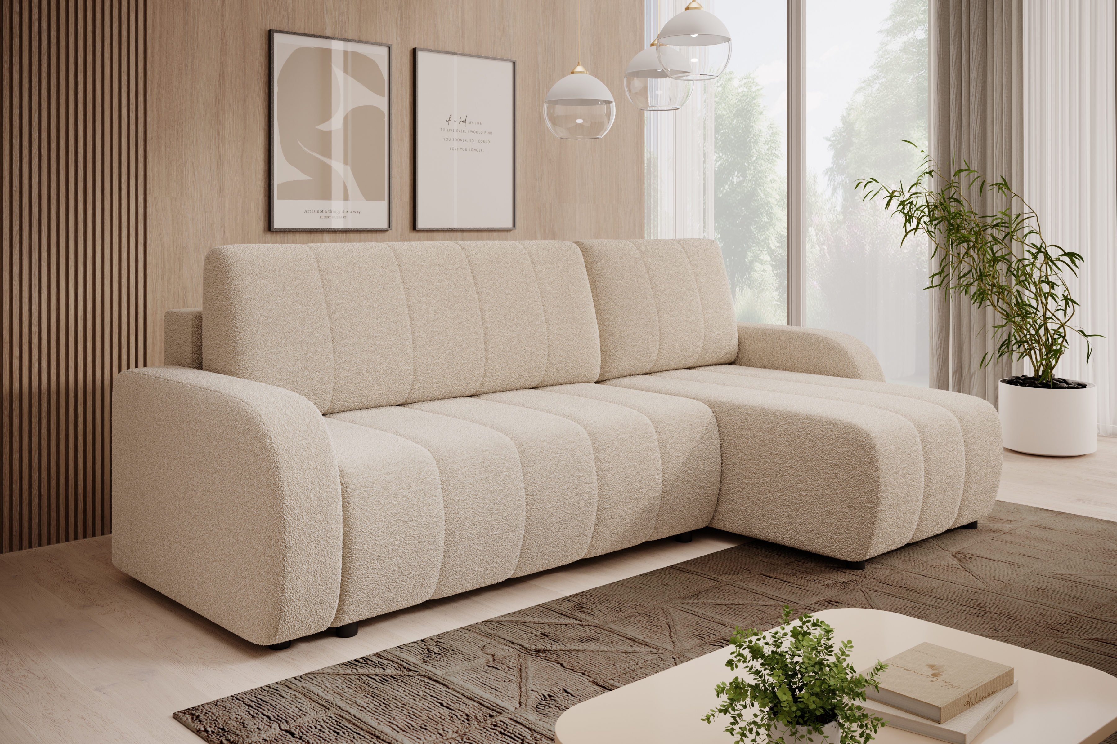 Rozkládací rohová sedací souprava Lapios pravá - krémová boucle Lambi 8 Rohová sedací souprava rozkládací Lapios pravá - kremowa boucle Lambi 8