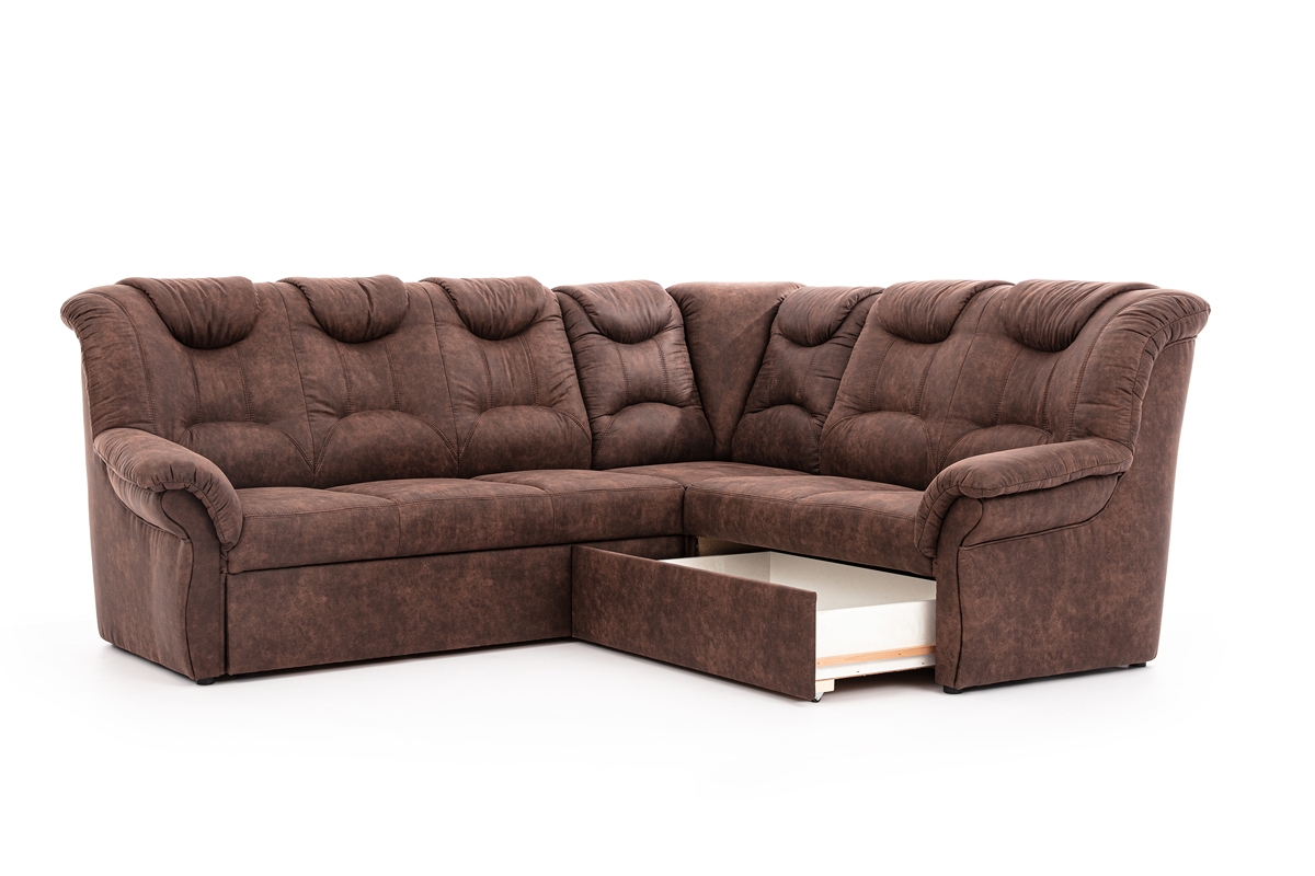 Rohová rozkladacia sedacia súprava Lonigo L pravá - hnedá látka Preston 29 brazowy Rohová sedacia súprava so zásuvkou na posciel 