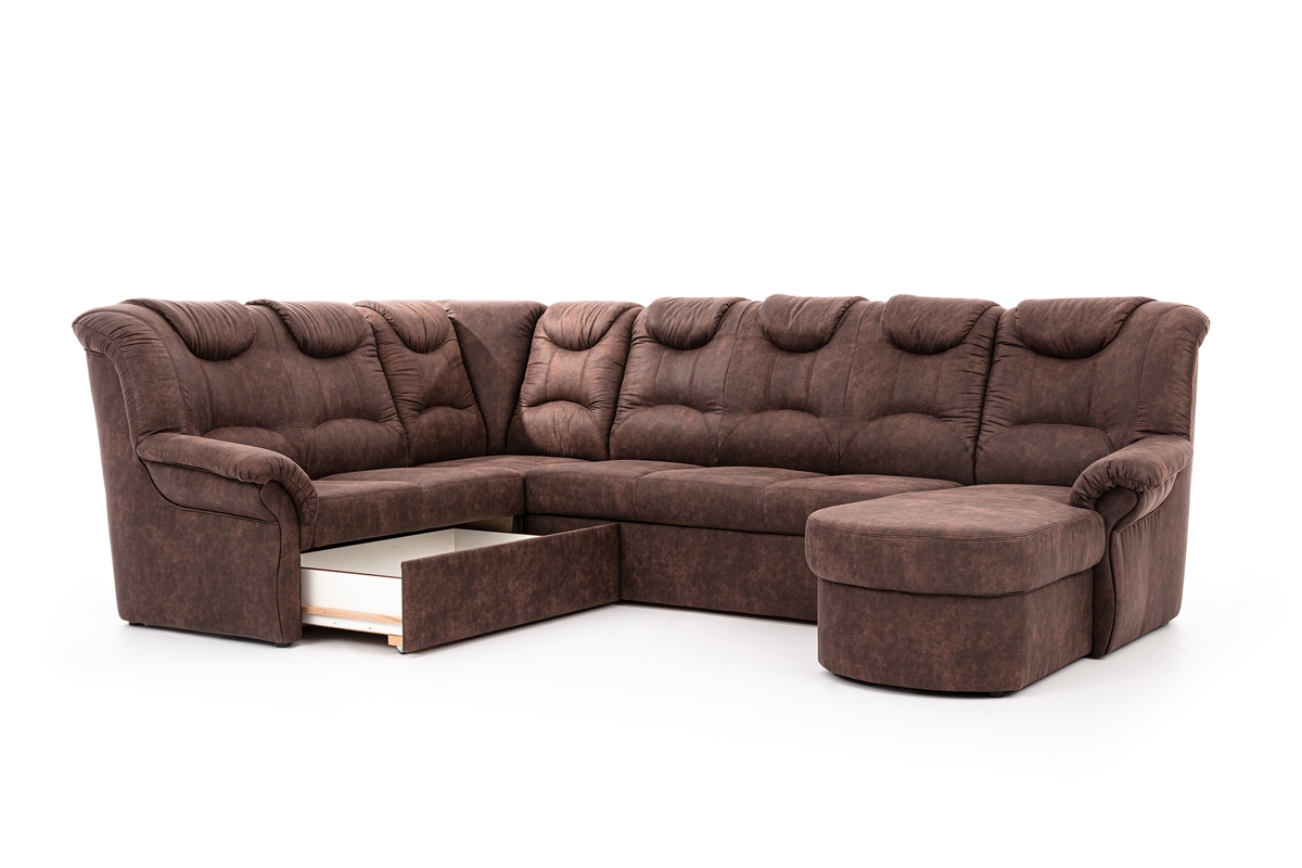 Rozkladacia rohová sedacia súprava Lonigo U ľavá - hnedý Preston 29 Rohová sedacia súprava U so zásuvkou na posciel 