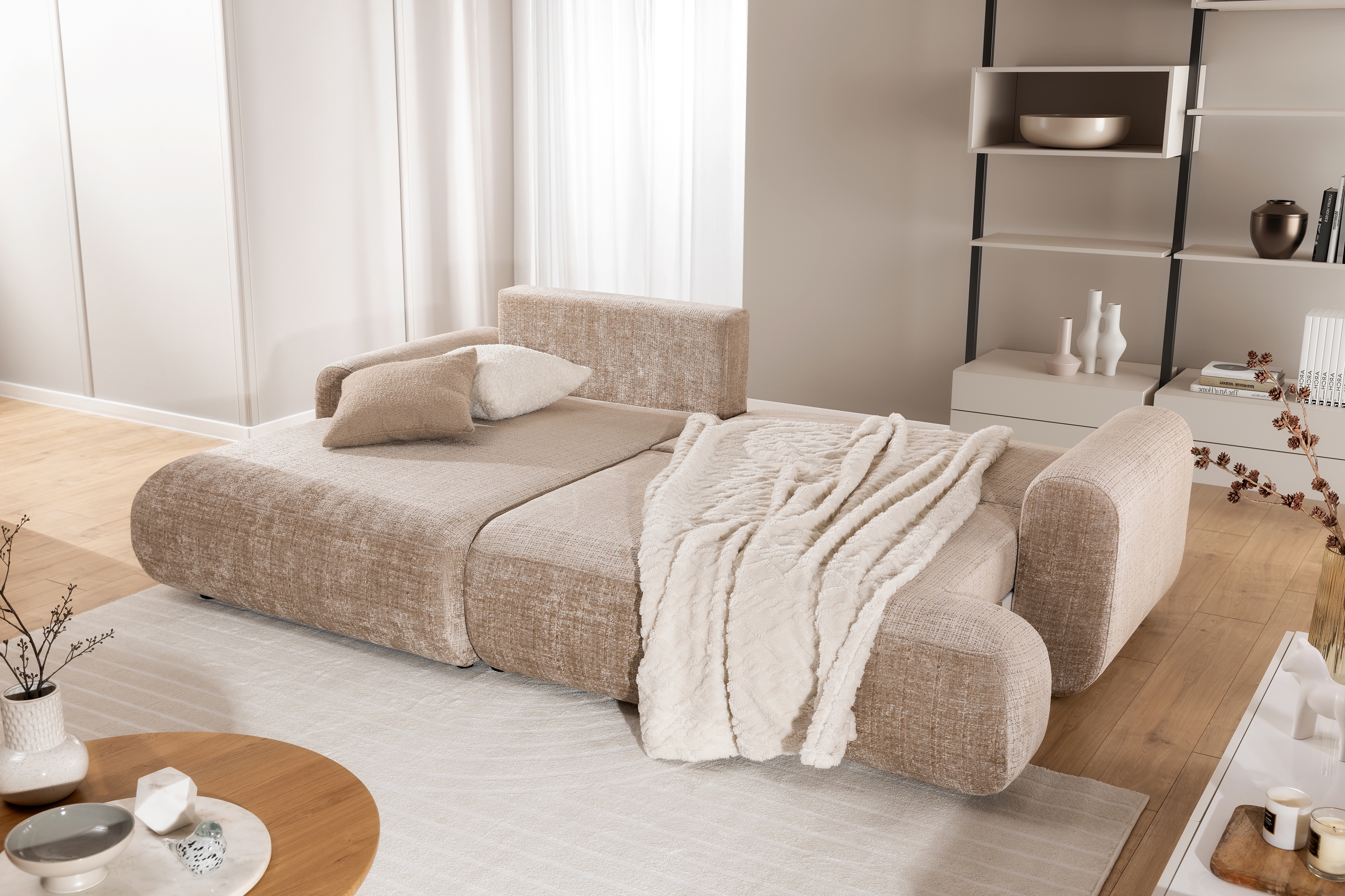 Rozkladacia rohová sedacia súprava Lotulis Mini ľavá - béžová žinylka Cremona 14 Rohová sedacia súprava s funkciou spánku Lotulis Mini Ľavá strana - béžový šenil Cremona 14 