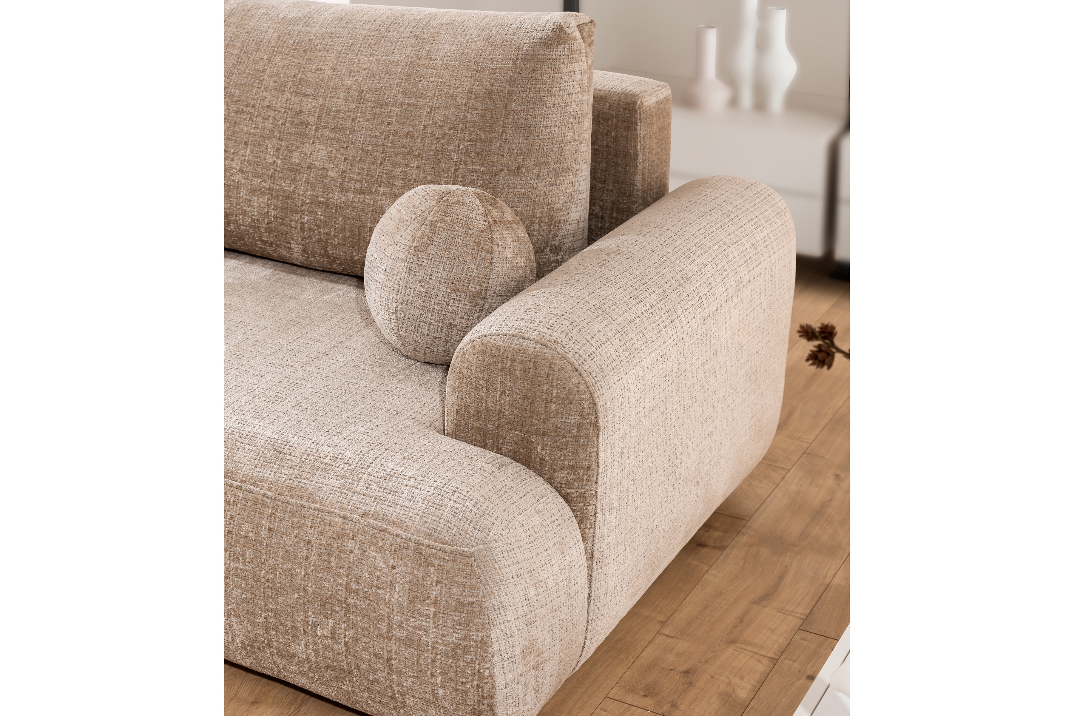 Rozkladacia rohová sedacia súprava Lotulis Mini ľavá - béžová žinylka Cremona 14 Rohová sedacia súprava s funkciou spánku Lotulis Mini Ľavá strana - béžový šenil Cremona 14 