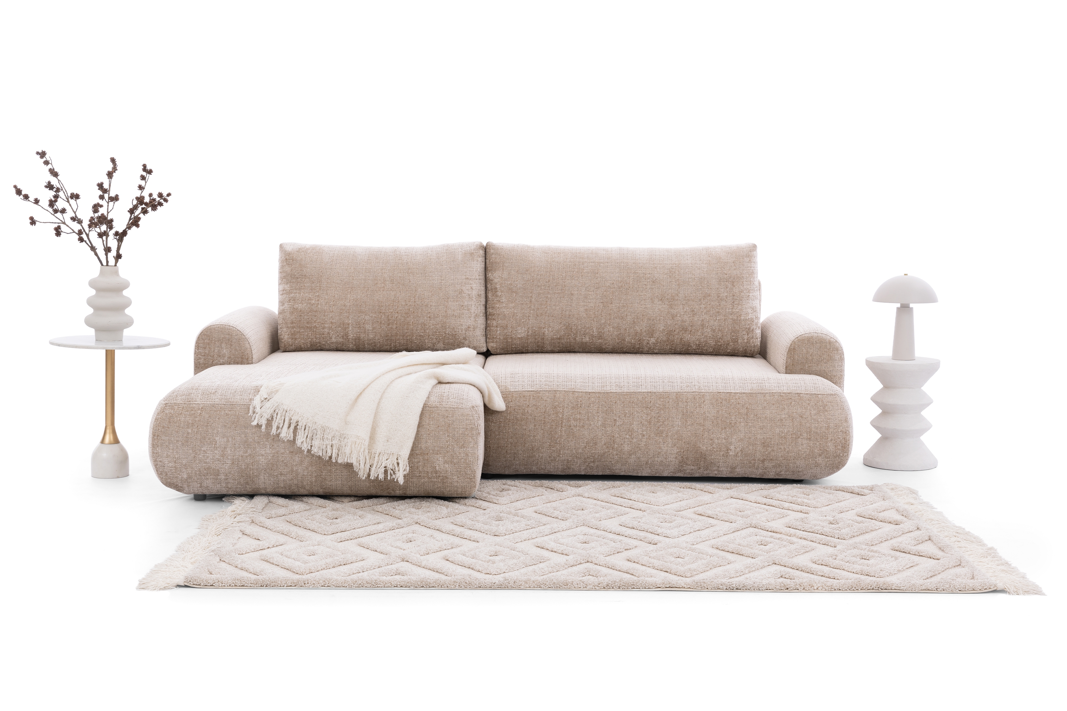 Rozkladacia rohová sedacia súprava Lotulis Mini ľavá - béžová žinylka Cremona 14 Rohová sedacia súprava s funkciou spánku Lotulis Mini Ľavá strana - béžový šenil Cremona 14 