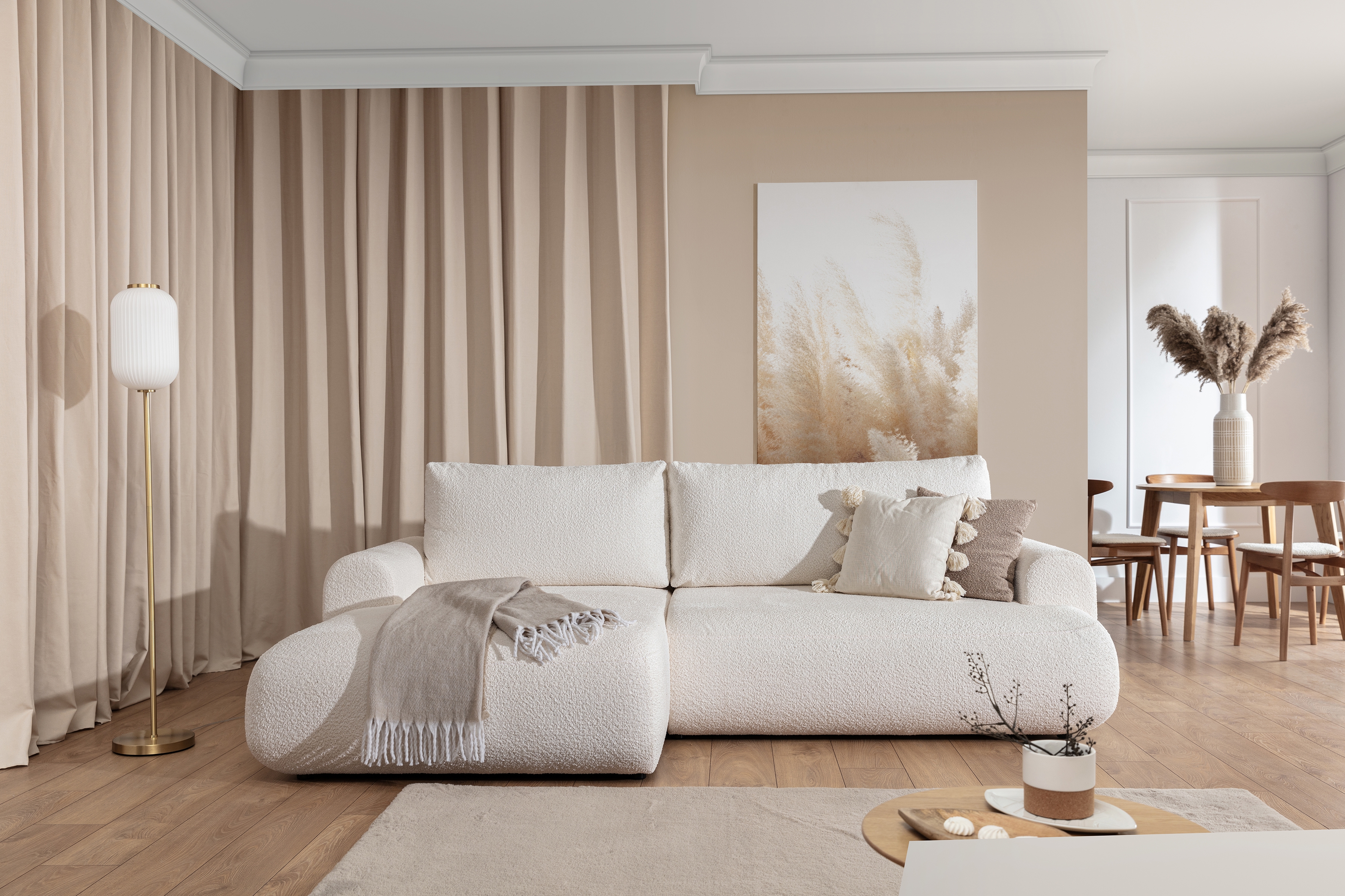 Rohová rozkladacia sedacia súprava Lotulis Mini Ľavá - krémová látka Boucle Catch Me 01 Rohová sedacia súprava s funkciou spánku Lotulis Mini Ľavá strana - kremowa boucle Catch Me 01