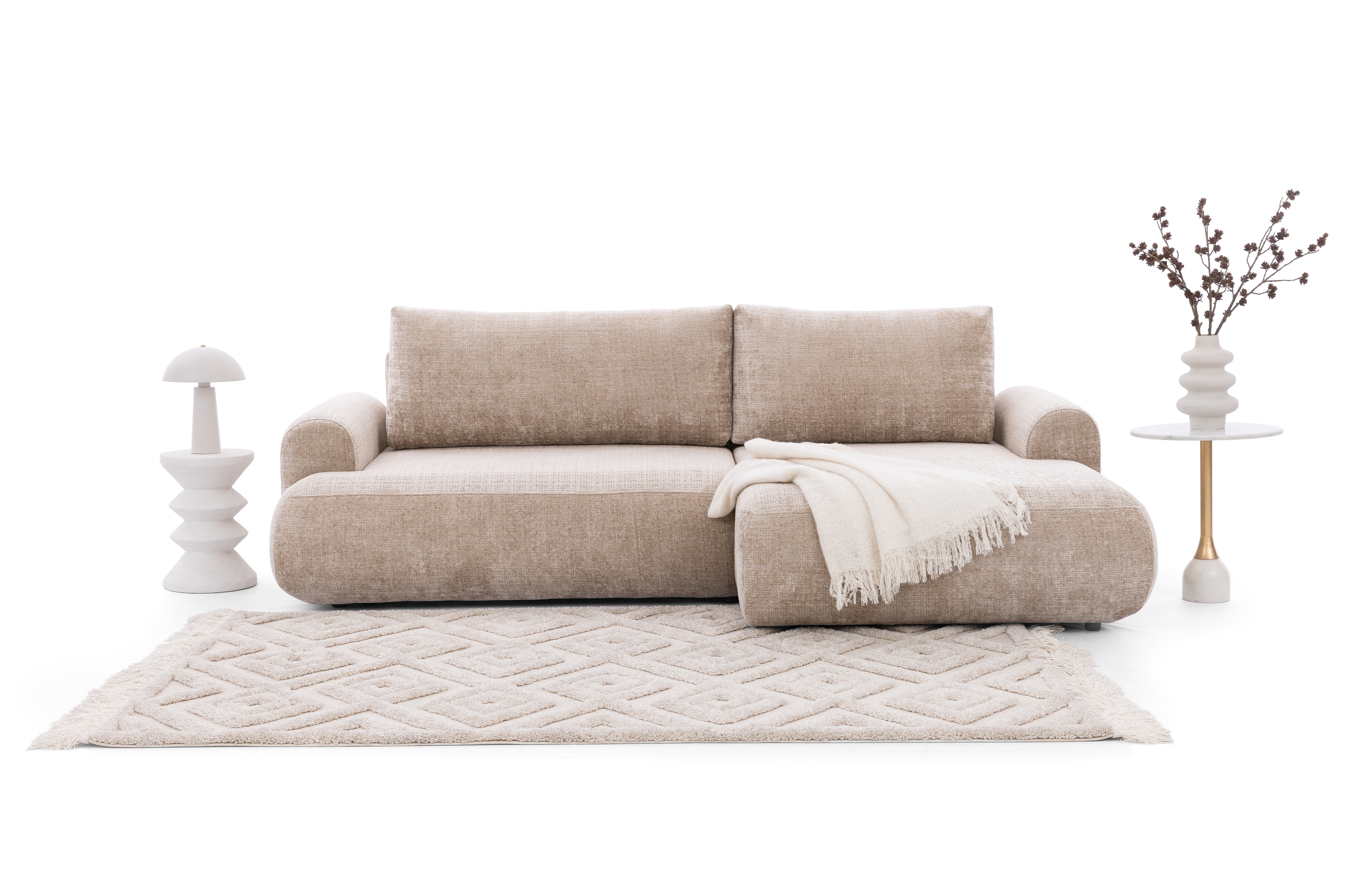 Rozkladacia rohová sedacia súprava Lotulis Mini pravá - béžová žinylka Cremona 14 Rohová sedacia súprava s funkciou spánku Lotulis Mini pravá strana - béžový šenil Cremona 14 