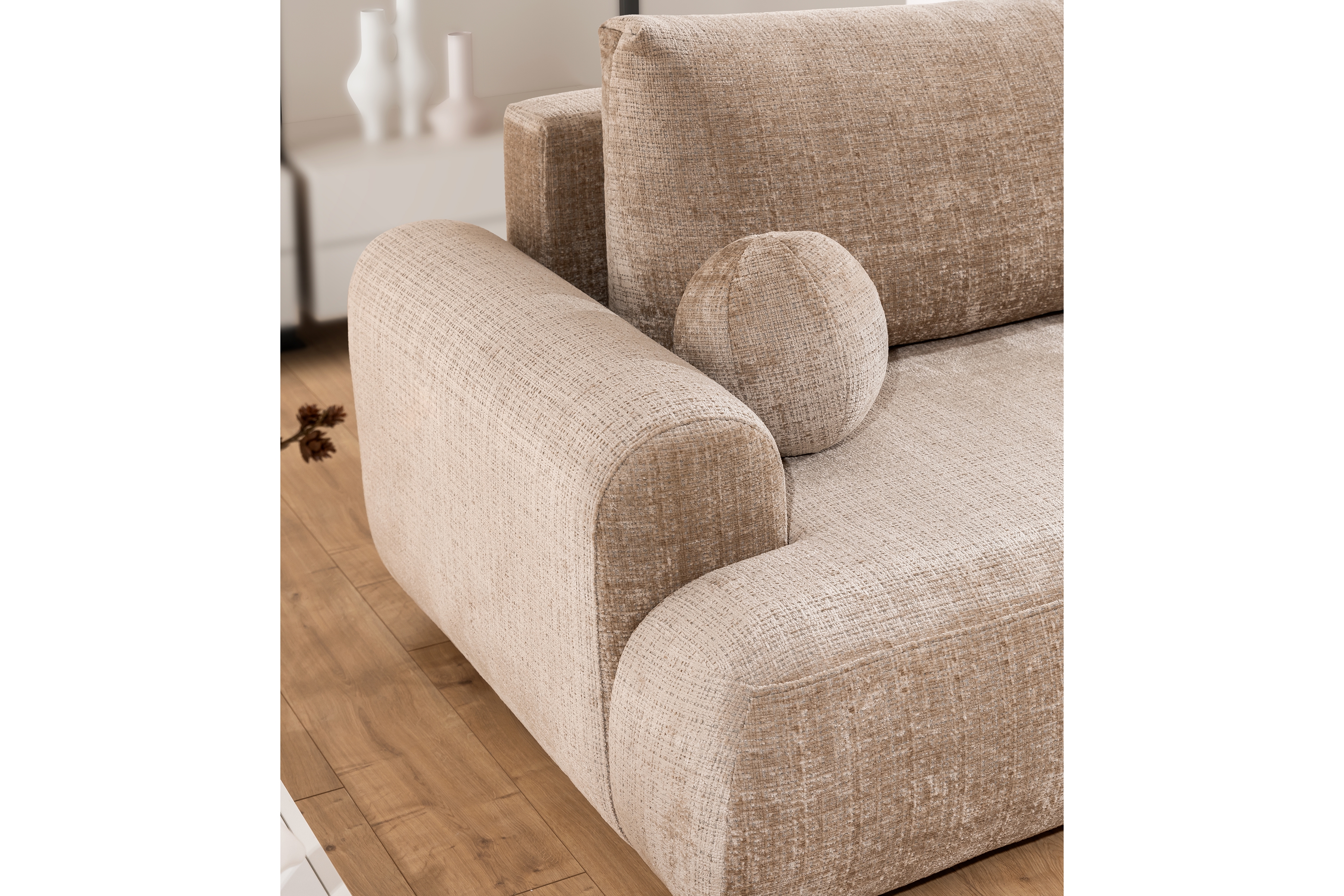 Rozkladacia rohová sedacia súprava Lotulis Mini pravá - béžová žinylka Cremona 14 Rohová sedacia súprava s funkciou spánku Lotulis Mini pravá strana - béžový šenil Cremona 14 