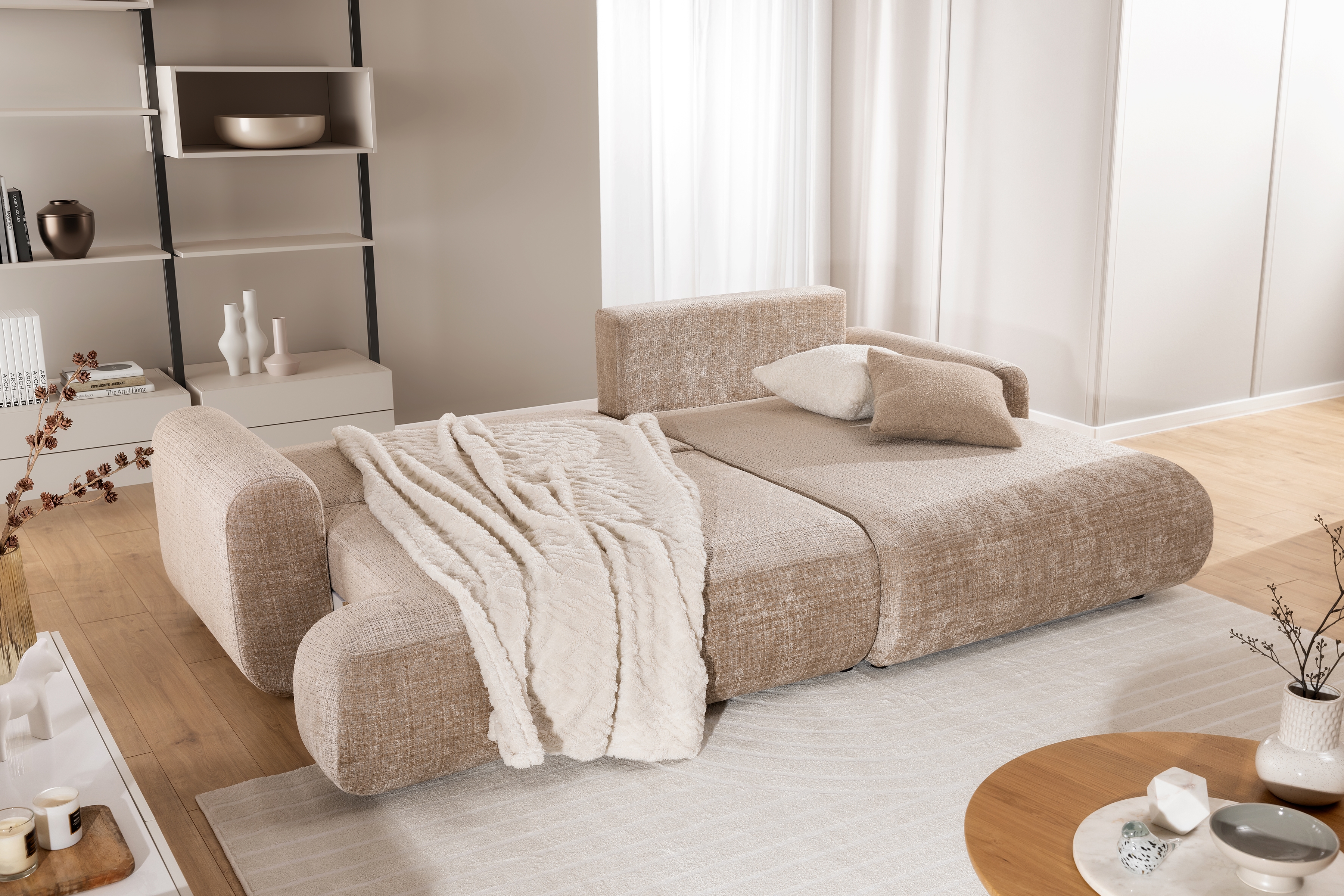 Rozkladacia rohová sedacia súprava Lotulis Mini pravá - béžová žinylka Cremona 14 Rohová sedacia súprava s funkciou spánku Lotulis Mini pravá strana - béžový šenil Cremona 14 