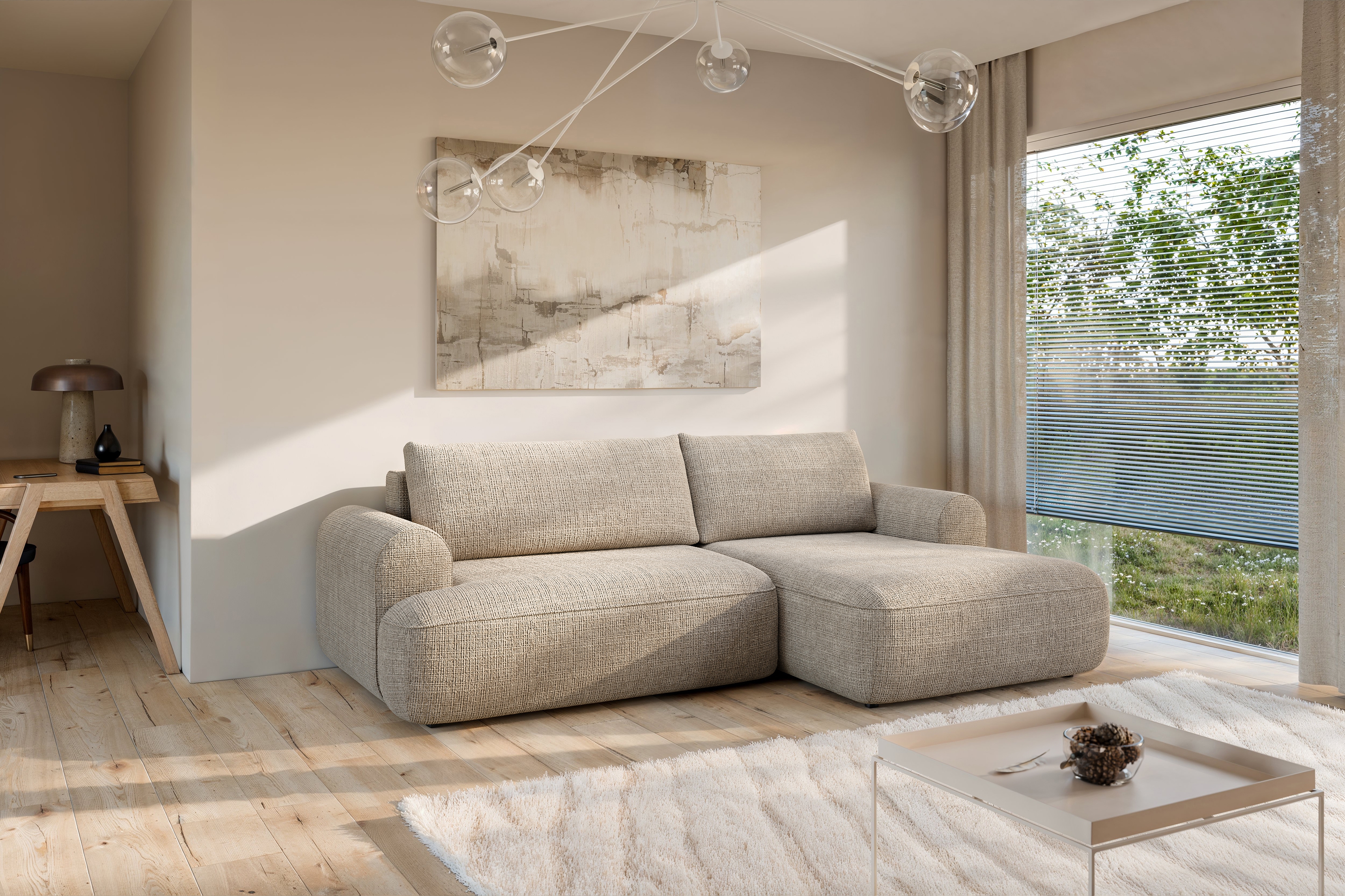 Rozkladacia rohová sedacia súprava Lotulis Mini pravá - béžová žinylka Cremona 14 Rohová sedacia súprava s funkciou spánku Lotulis Mini pravá strana - béžový šenil Cremona 14 