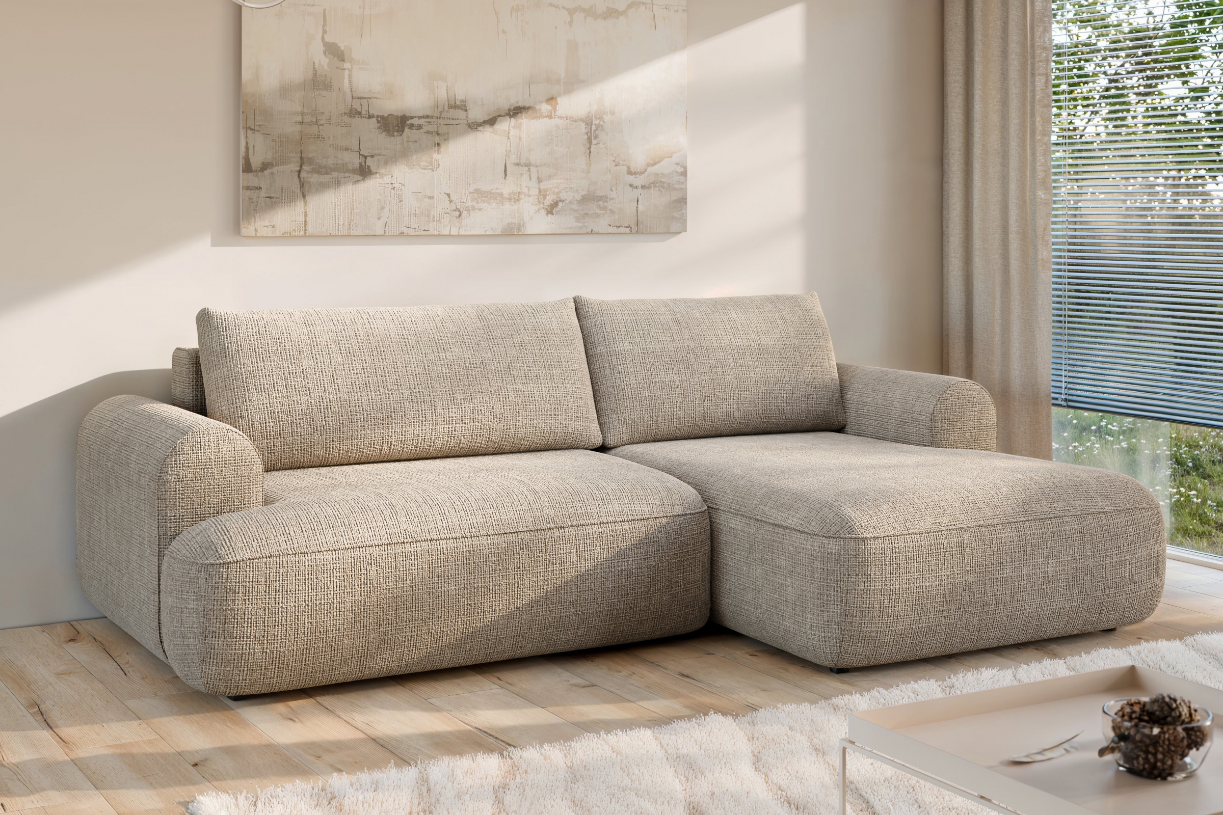 Rozkladacia rohová sedacia súprava Lotulis Mini pravá - béžová žinylka Cremona 14 Rohová sedacia súprava s funkciou spánku Lotulis Mini pravá strana - béžový šenil Cremona 14 