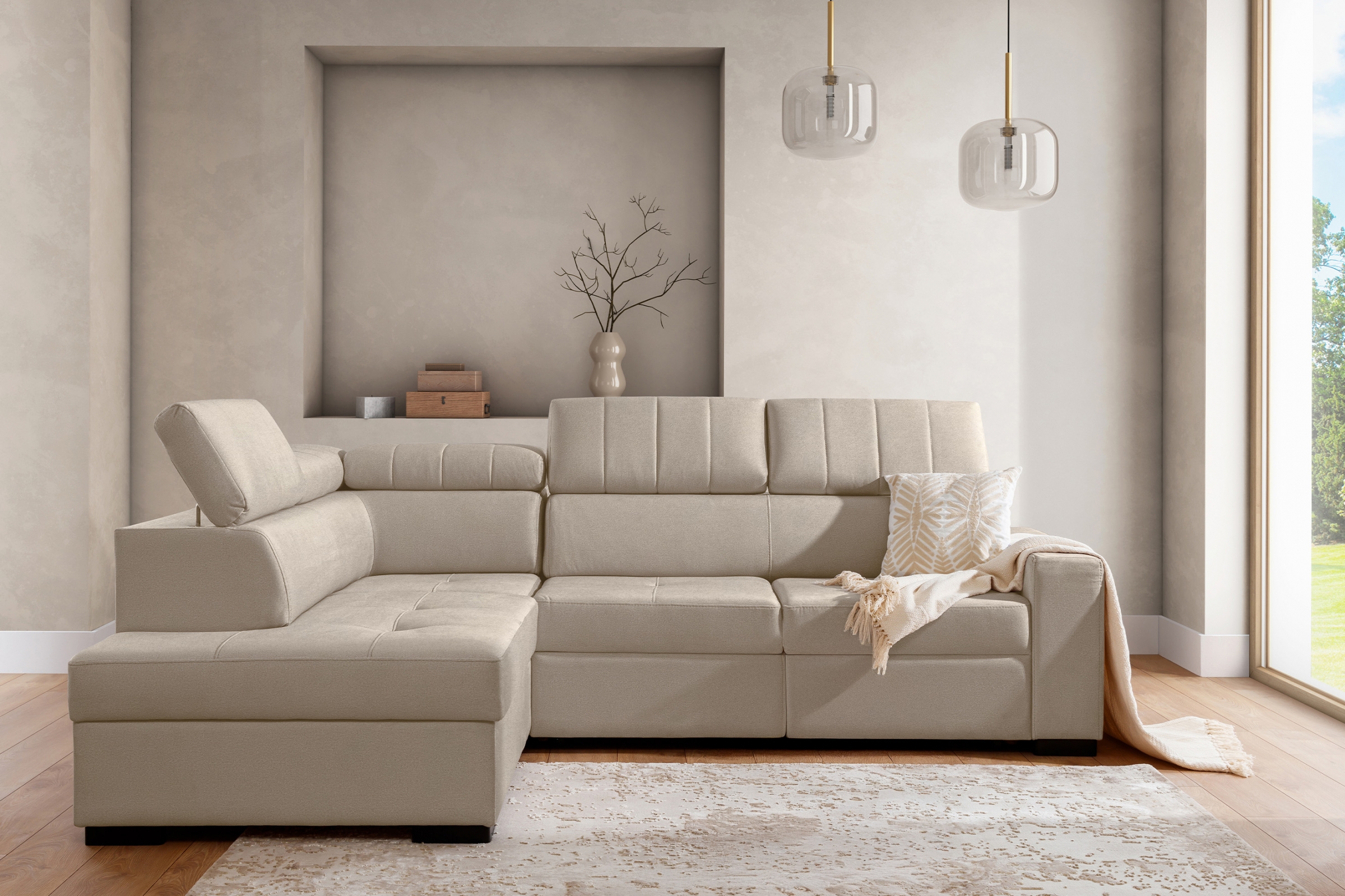 Rozkladacia rohová sedacia súprava Modeno L ľavá - krémová pletenina Ado 1601 Rohová sedacia súprava s funkciou spánku Modeno L Ľavá strana - kremowa plecionka Ado 1601 