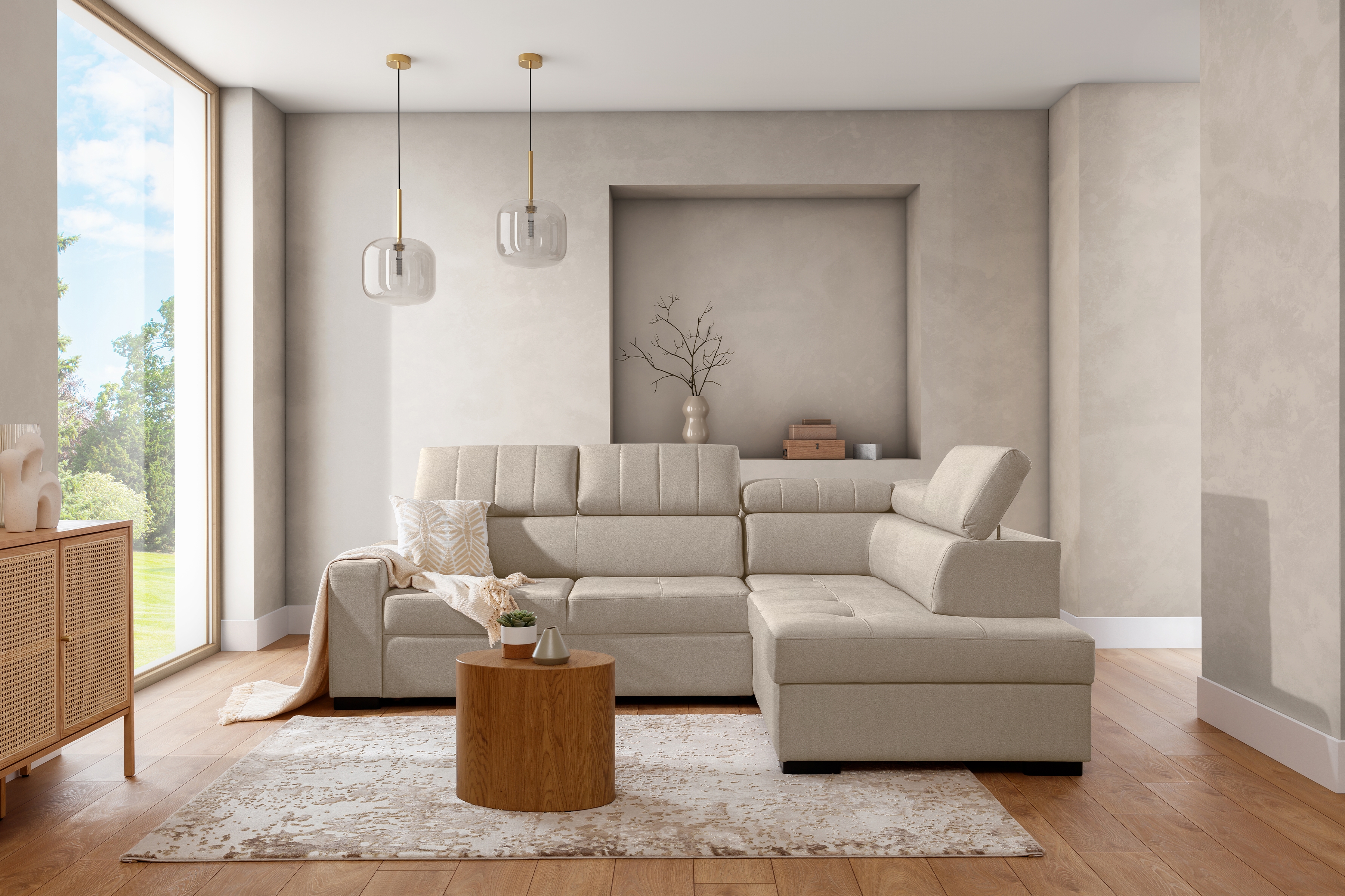 Rozkladacia rohová sedacia súprava Modeno L pravá - krémová pletenina Ado 1601 Rohová sedacia súprava s funkciou spánku Modeno L pravá strana - kremowa plecionka Ado 1601 