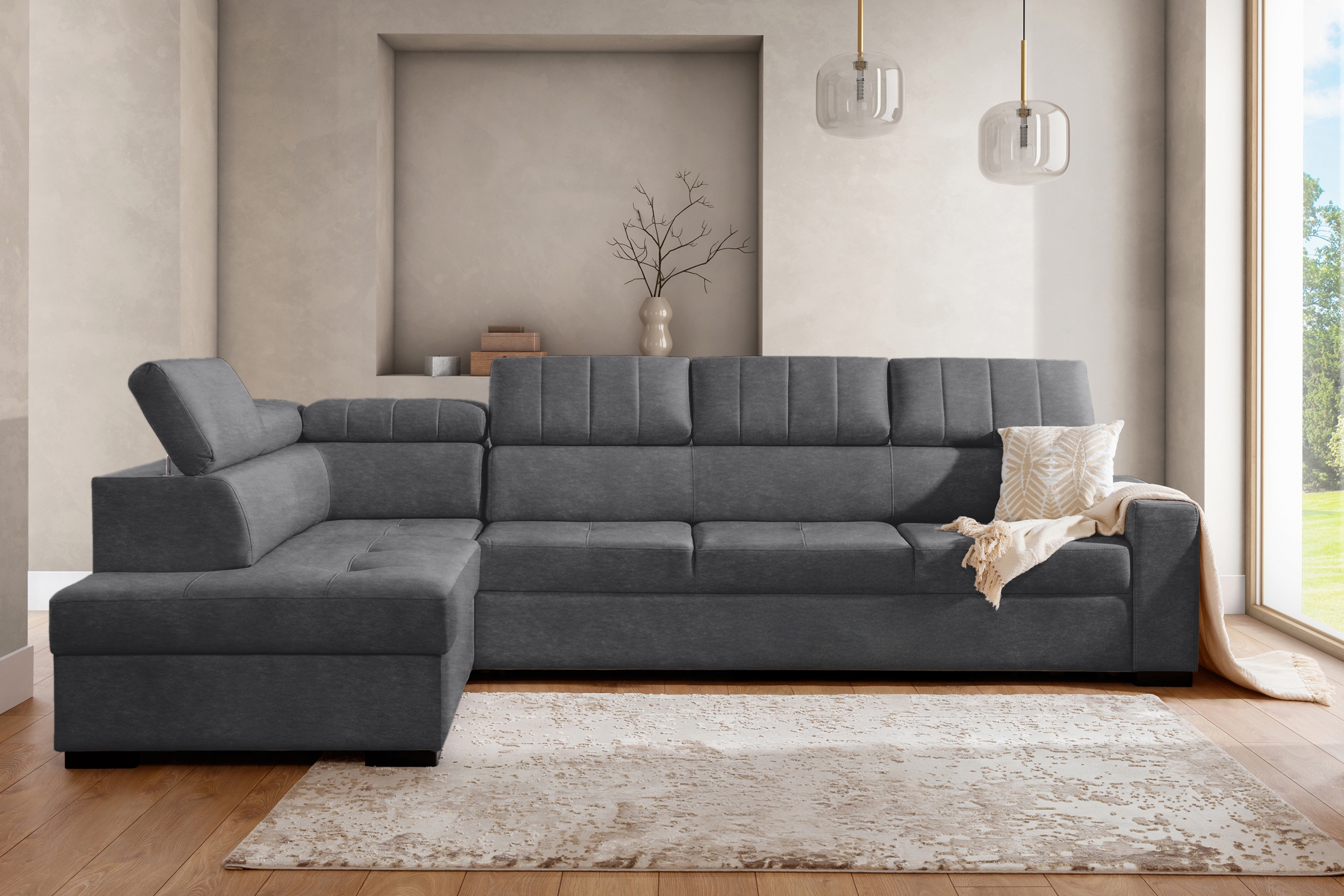 Rohová sedací souprava Modeno Maxi levá s rozkladem - grafitový samet Zetta 304 Rohová sedací souprava rozkládací Modeno Maxi levá - grafitová samet latwoczyszczacy Zetta 304 