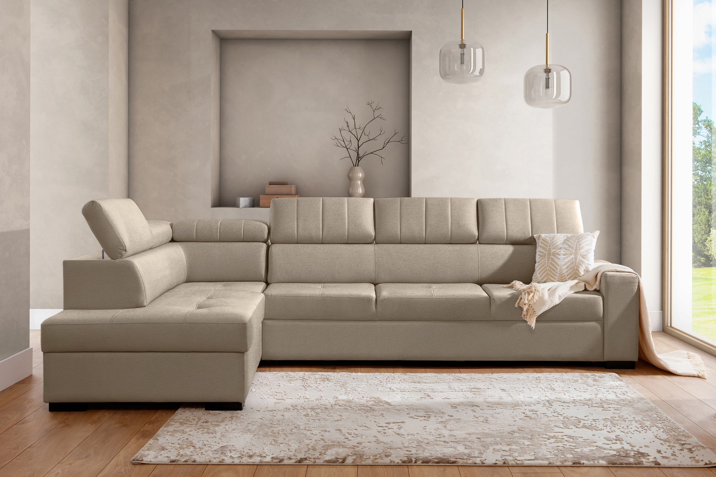 Rozkladacia rohová sedacia súprava Modeno Maxi ľavá - krémová pletenina Ado 1601  Rohová sedacia súprava s funkciou spánku Modeno Maxi Ľavá strana - kremowa plecionka Ado 1601 