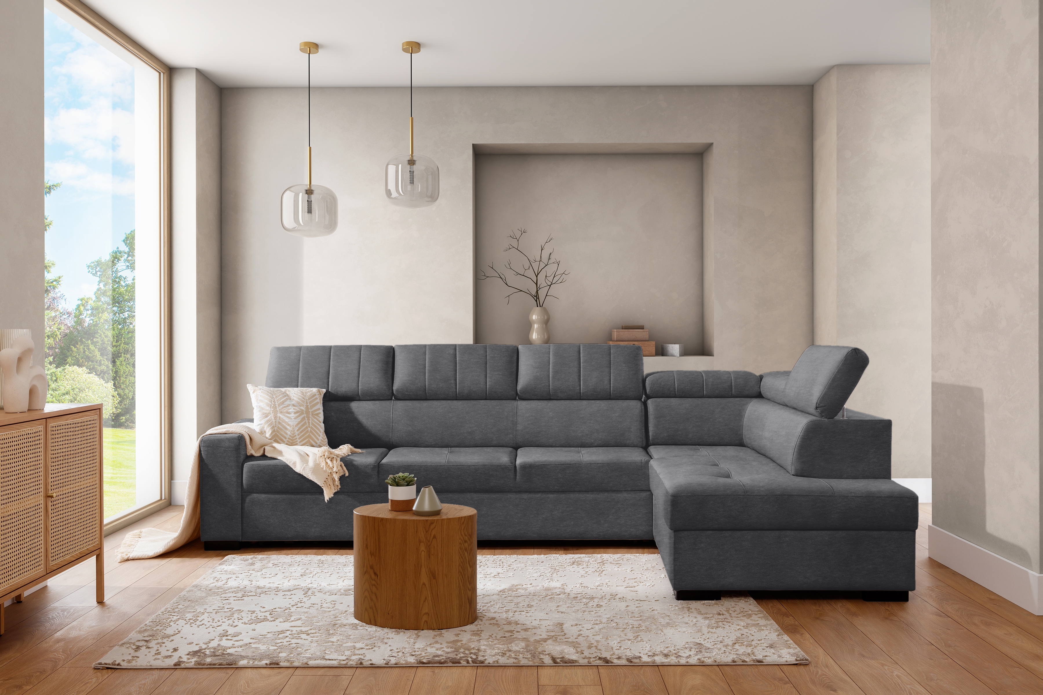 Rozkládací rohová sedací souprava Modeno Maxi pravá - grafitový samet Zetta 304 Rohová sedací souprava rozkládací Modeno Maxi pravá - grafitová samet latwoczyszczacy Zetta 304 