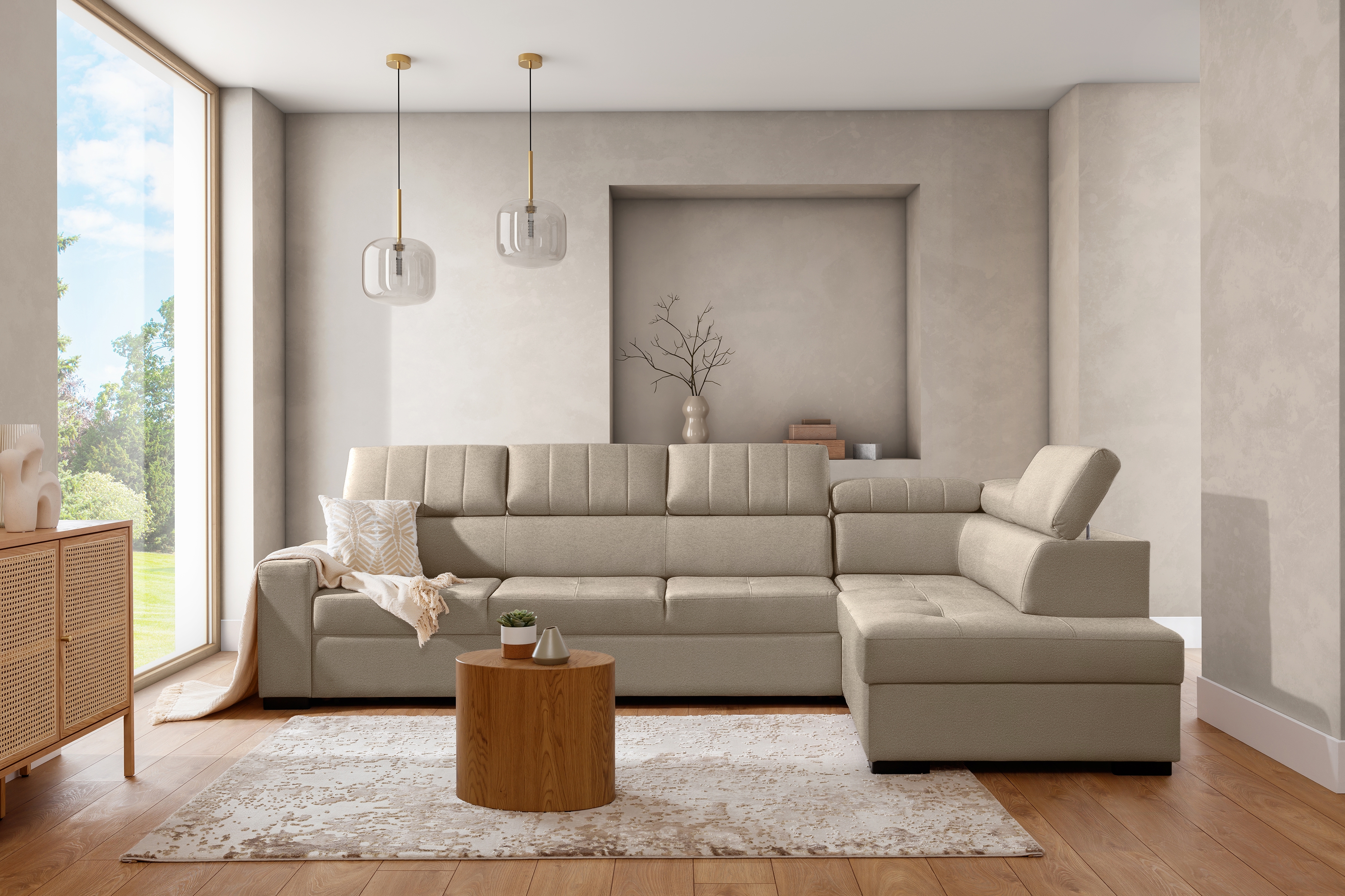 Rozkladacia rohová sedacia súprava Modeno Maxi pravá - krémová pletenina Ado 1601  Rohová sedacia súprava s funkciou spánku Modeno Maxi pravá strana - kremowa plecionka Ado 1601 