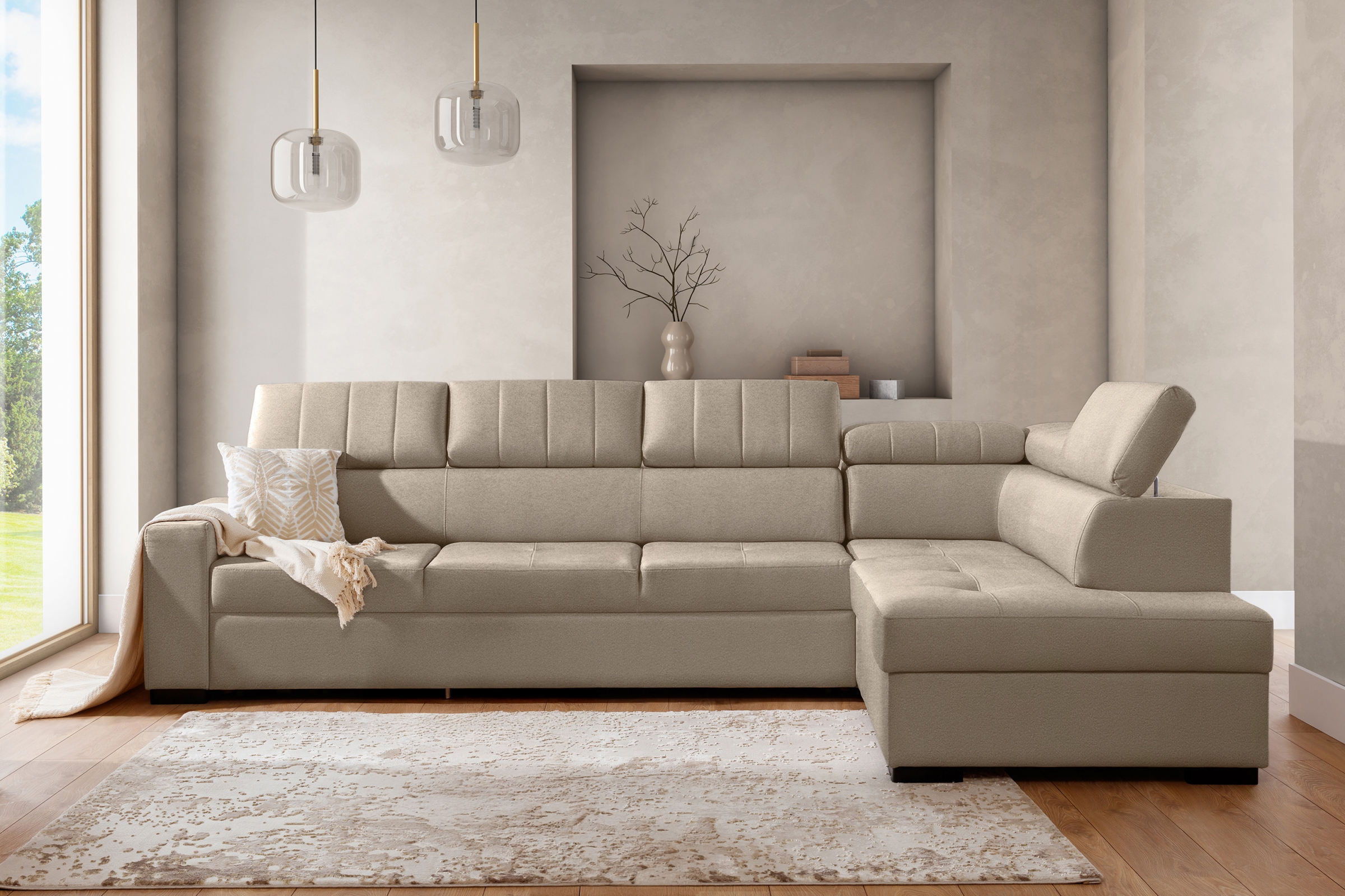 Rozkladacia rohová sedacia súprava Modeno Maxi pravá - krémová pletenina Ado 1601  Rohová sedacia súprava s funkciou spánku Modeno Maxi pravá strana - kremowa plecionka Ado 1601 