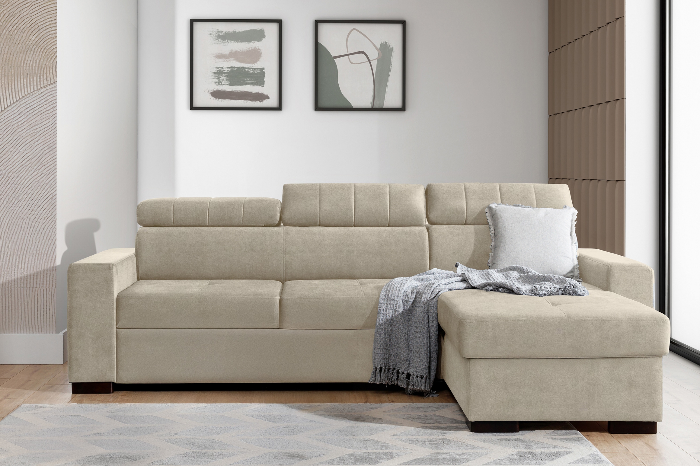 Rozkládací rohová sedací souprava Modeno Mini - béžová Ado 1601 Halva Rohová sedací souprava rozkládací Modeno Mini uniwersalny Levá/pravý - béžová Pletenina Ado 1601 Halva